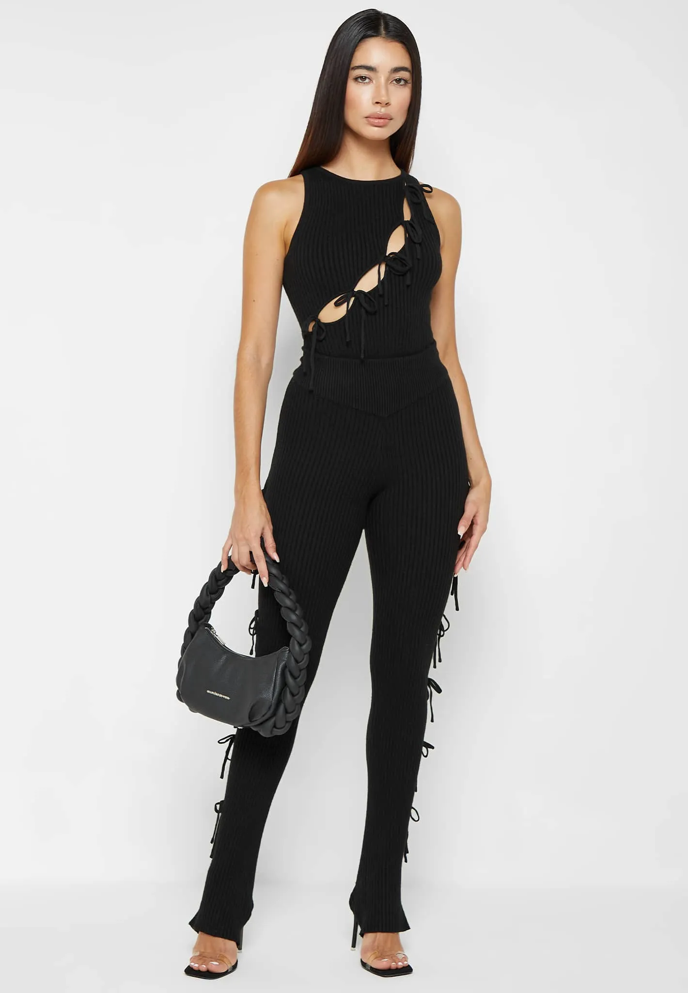 Knitted Lace Up Leggings with Stirrups - Black sold by Maniere De Voir product image thumbnail 2