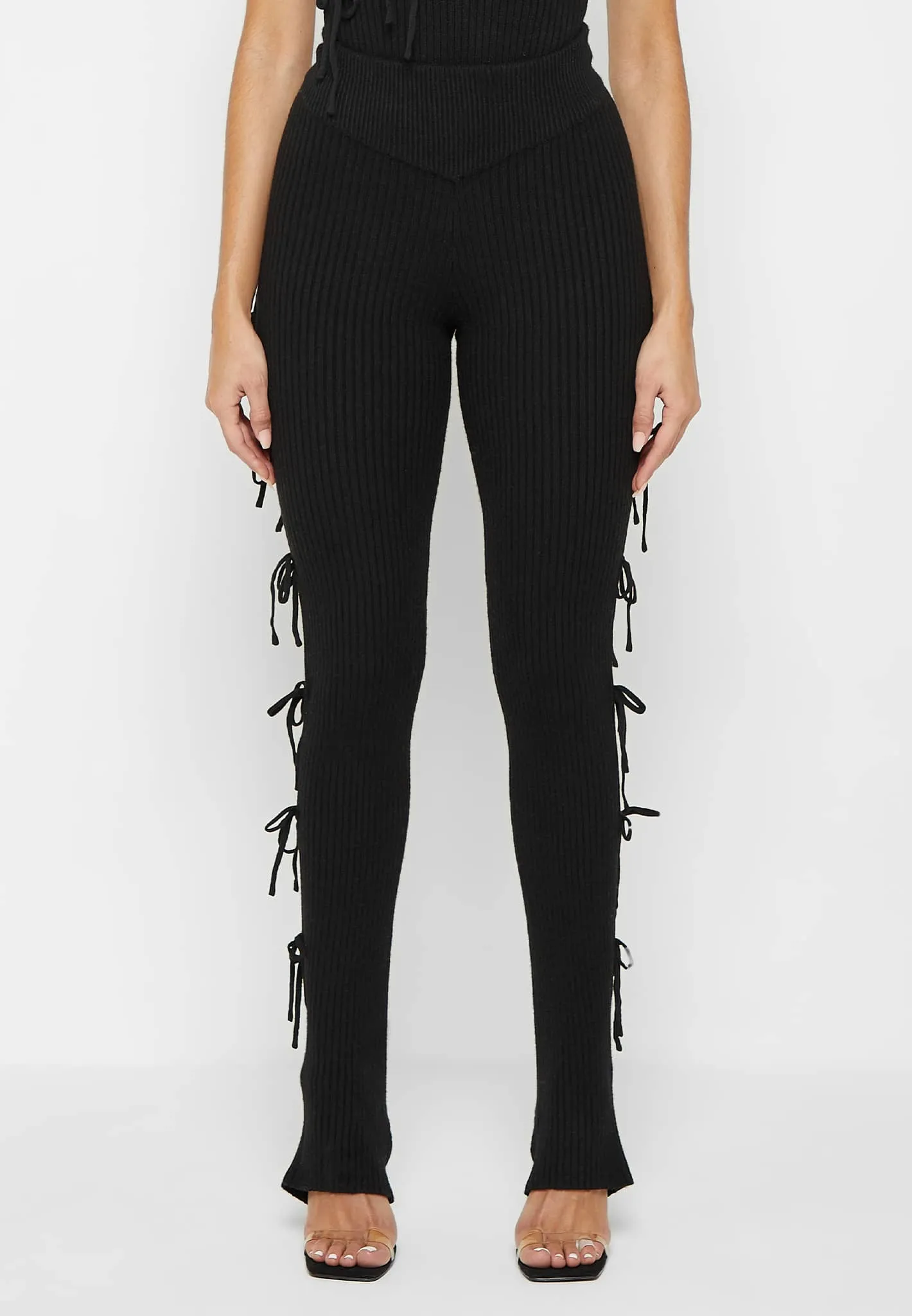 Knitted Lace Up Leggings with Stirrups - Black sold by Maniere De Voir product image thumbnail 3