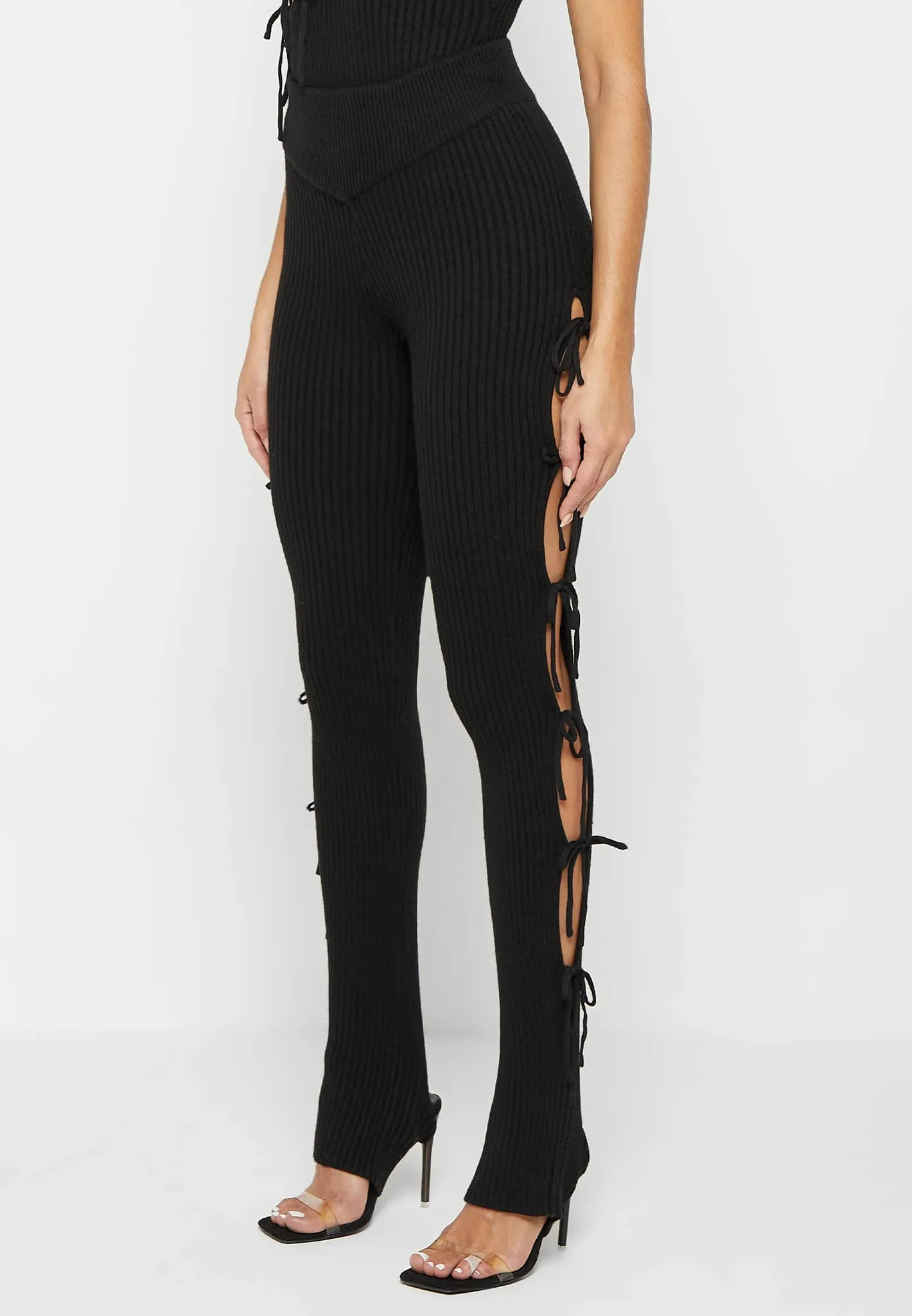 Knitted Lace Up Leggings with Stirrups - Black sold by Maniere De Voir