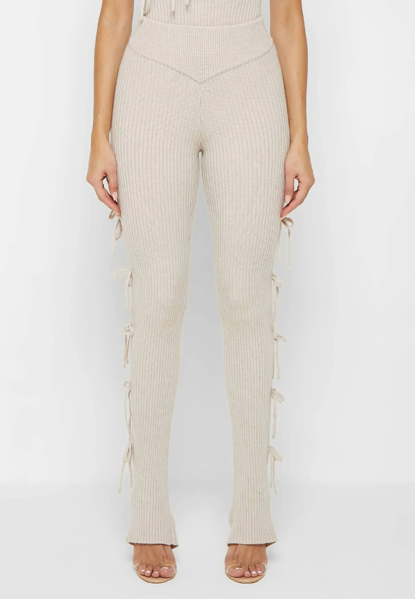 Knitted Lace Up Leggings with Stirrups - Beige sold by Maniere De Voir product image thumbnail 3