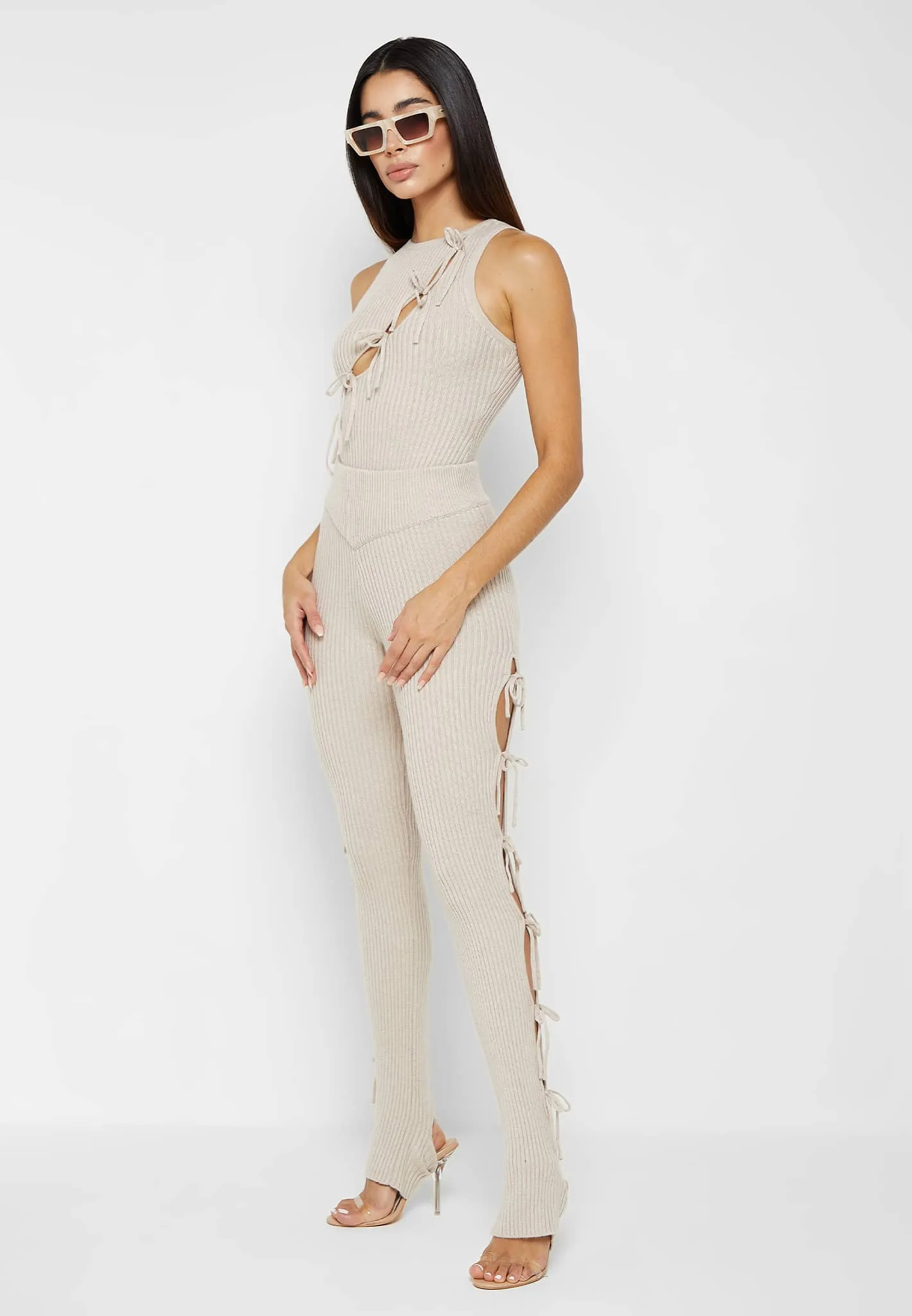 Knitted Lace Up Leggings with Stirrups - Beige sold by Maniere De Voir product image thumbnail 2