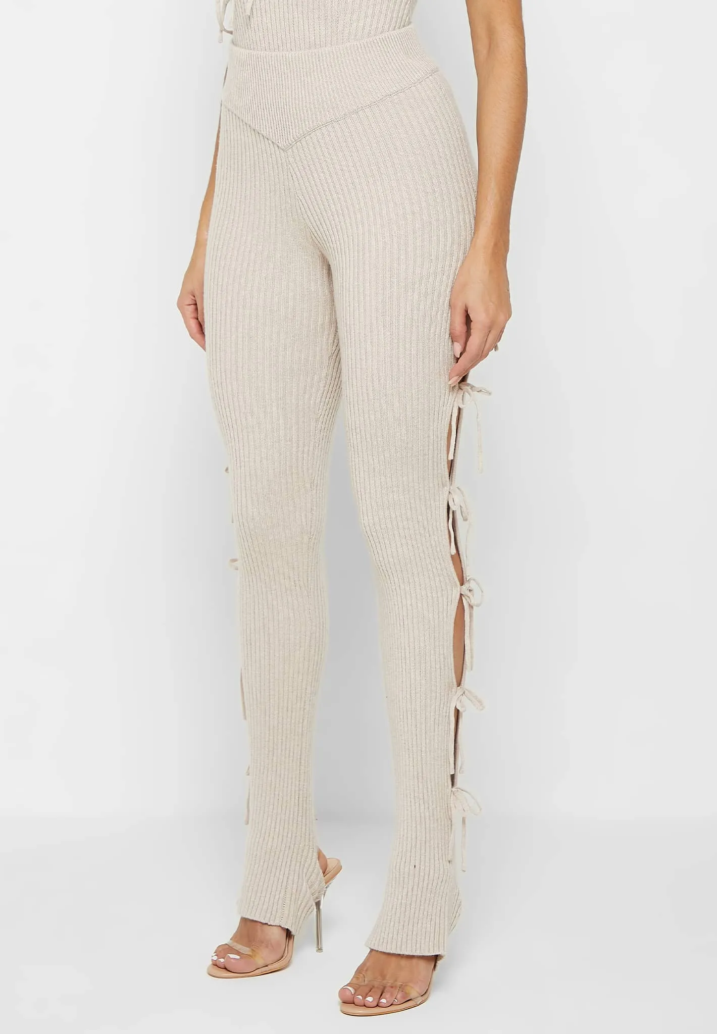 Knitted Lace Up Leggings with Stirrups - Beige sold by Maniere De Voir