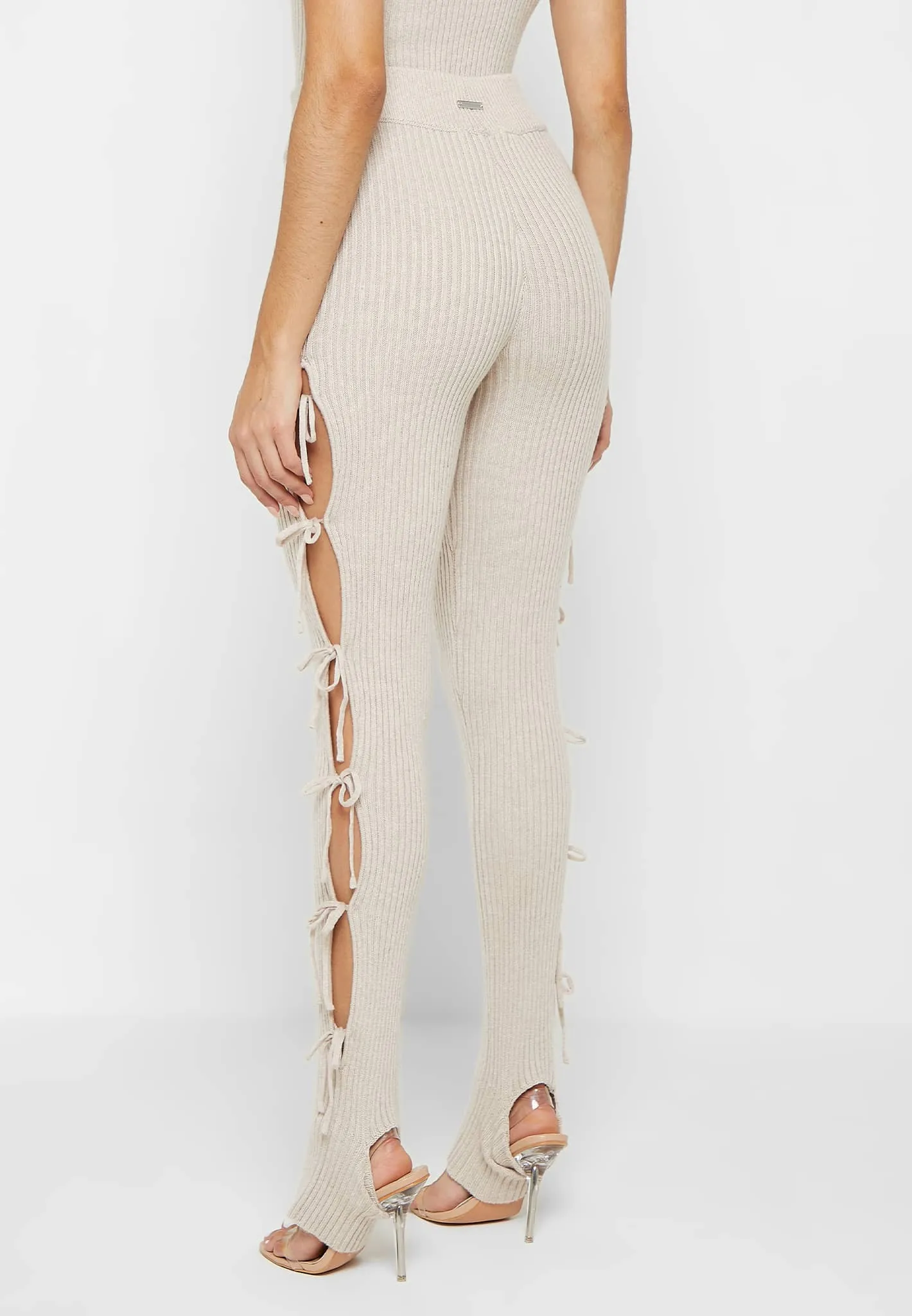 Knitted Lace Up Leggings with Stirrups - Beige sold by Maniere De Voir product image thumbnail 4