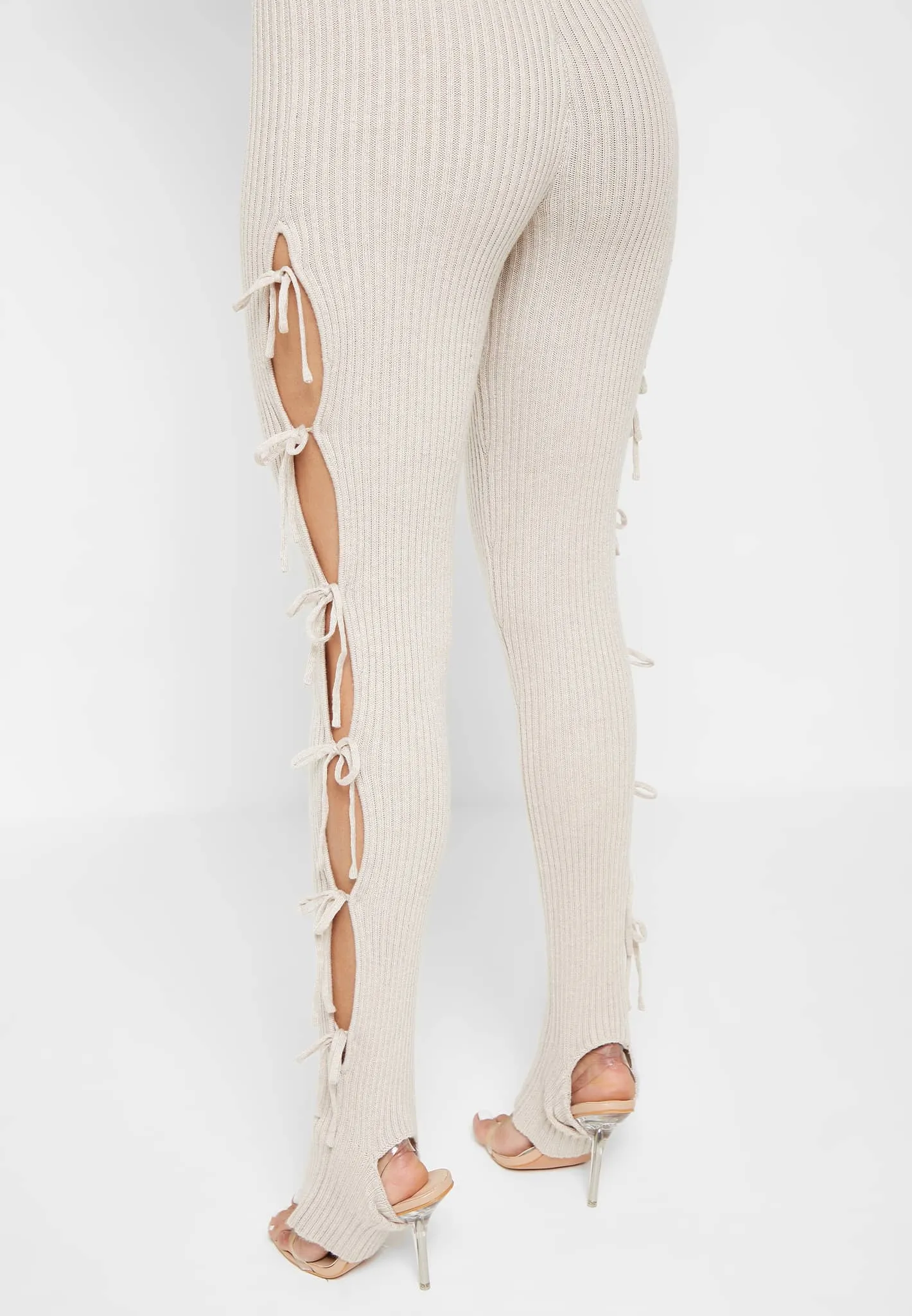 Knitted Lace Up Leggings with Stirrups - Beige sold by Maniere De Voir product image thumbnail 5