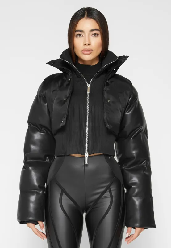 Leather Puffer Sleeve Layered Jacket - Black sold by Maniere De Voir
