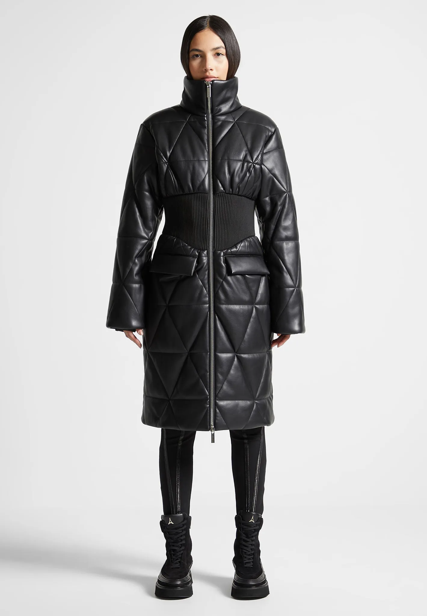 Quilted Leather Longline Corset Coat - Black sold by Maniere De Voir product image thumbnail 3