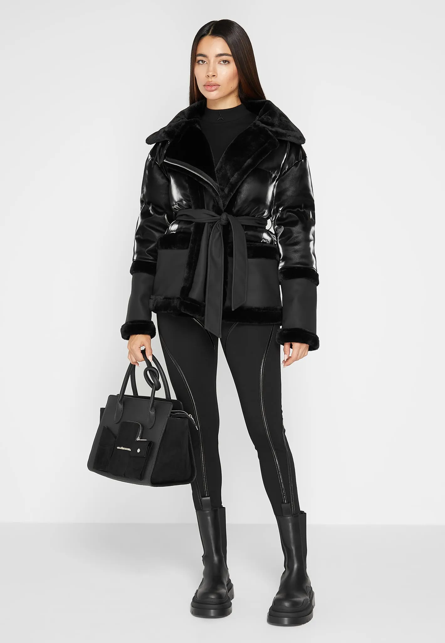 Leather and Plush Puffer Jacket with Belt - Black sold by Maniere De Voir product image thumbnail 2