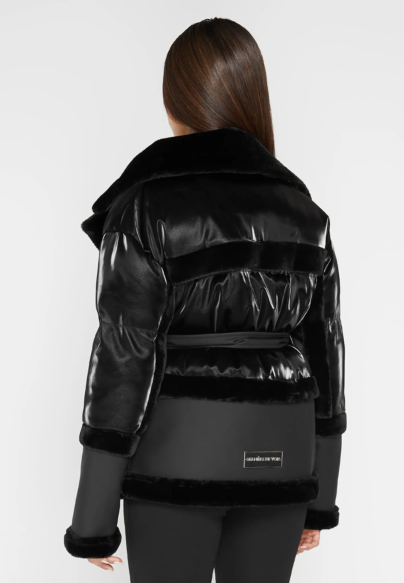 Leather and Plush Puffer Jacket with Belt - Black sold by Maniere De Voir product image thumbnail 4