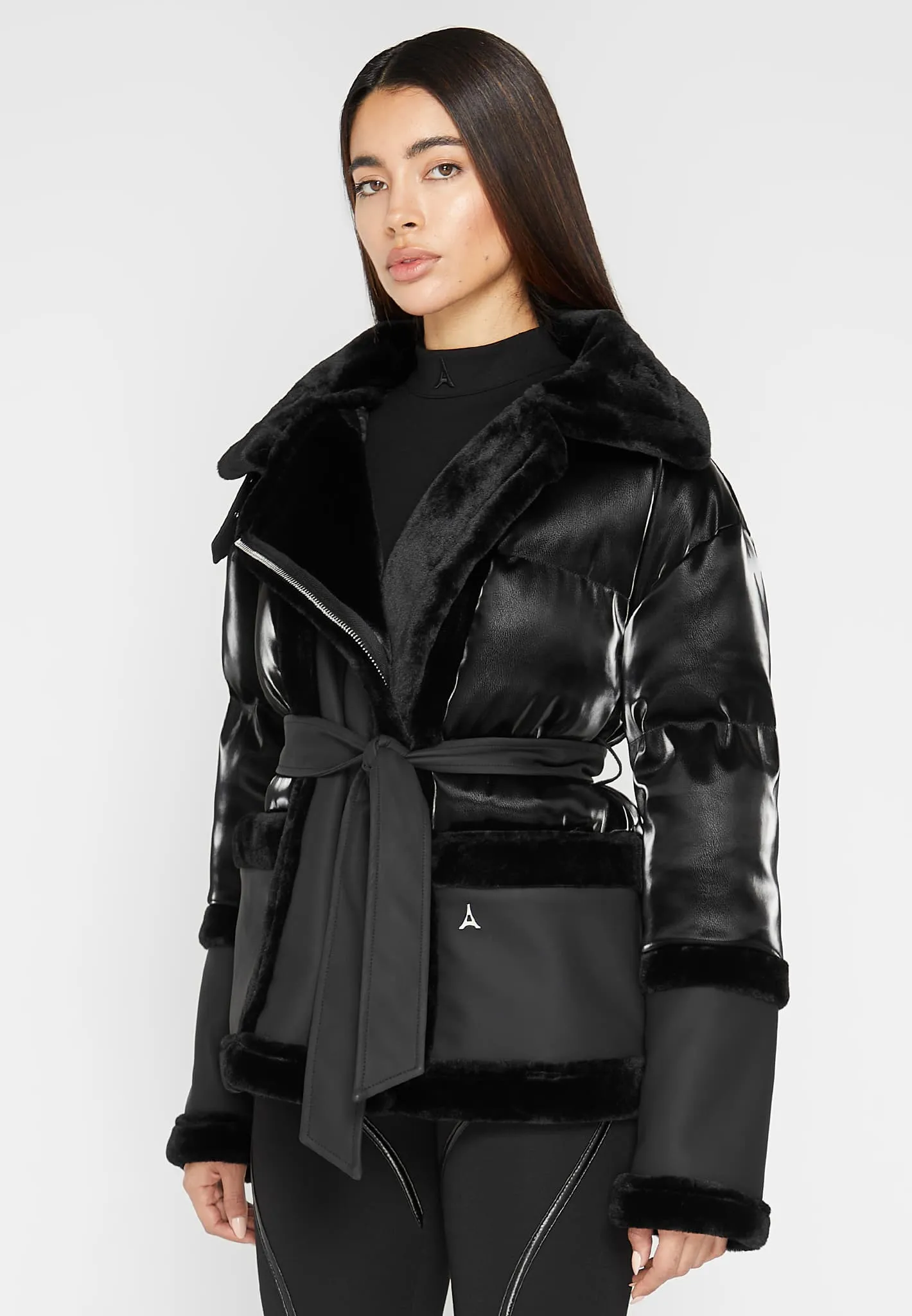 Leather and Plush Puffer Jacket with Belt - Black sold by Maniere De Voir product image thumbnail 3