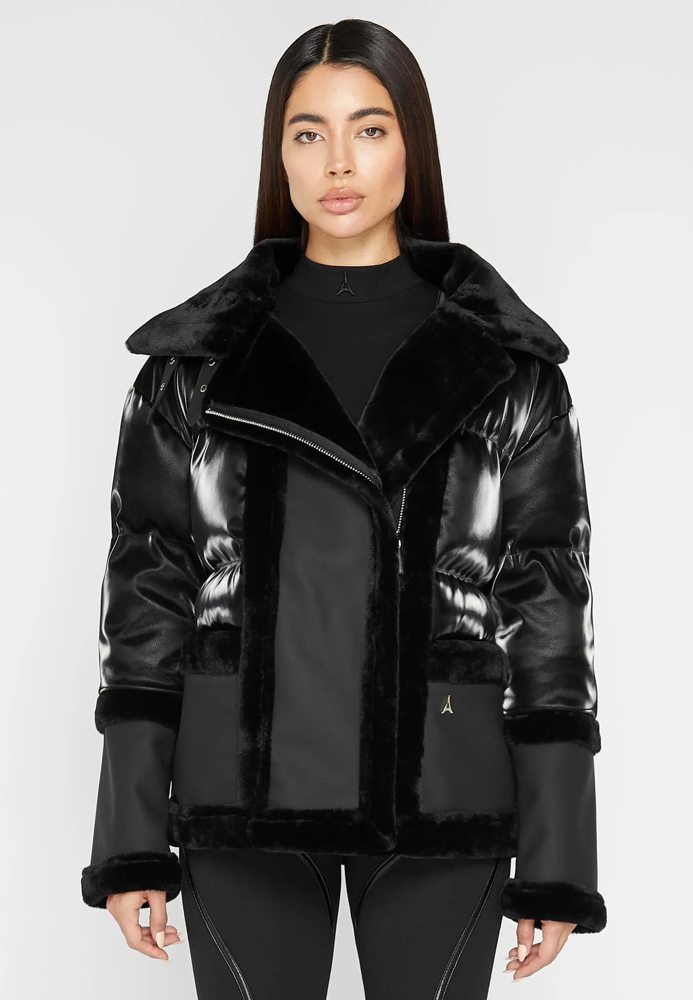 Leather and Plush Puffer Jacket with Belt - Black sold by Maniere De Voir product image thumbnail 5