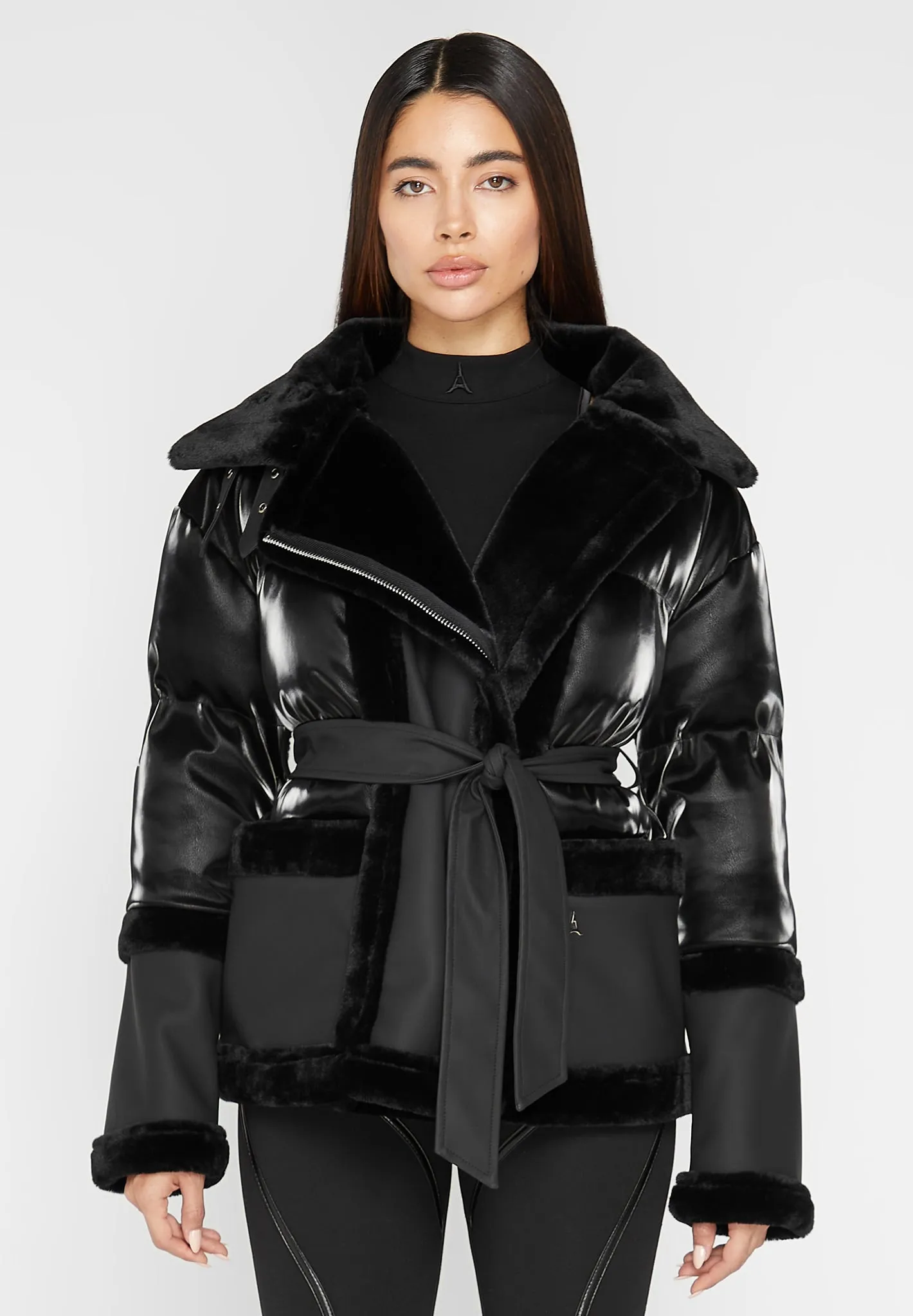 Leather and Plush Puffer Jacket with Belt - Black sold by Maniere De Voir