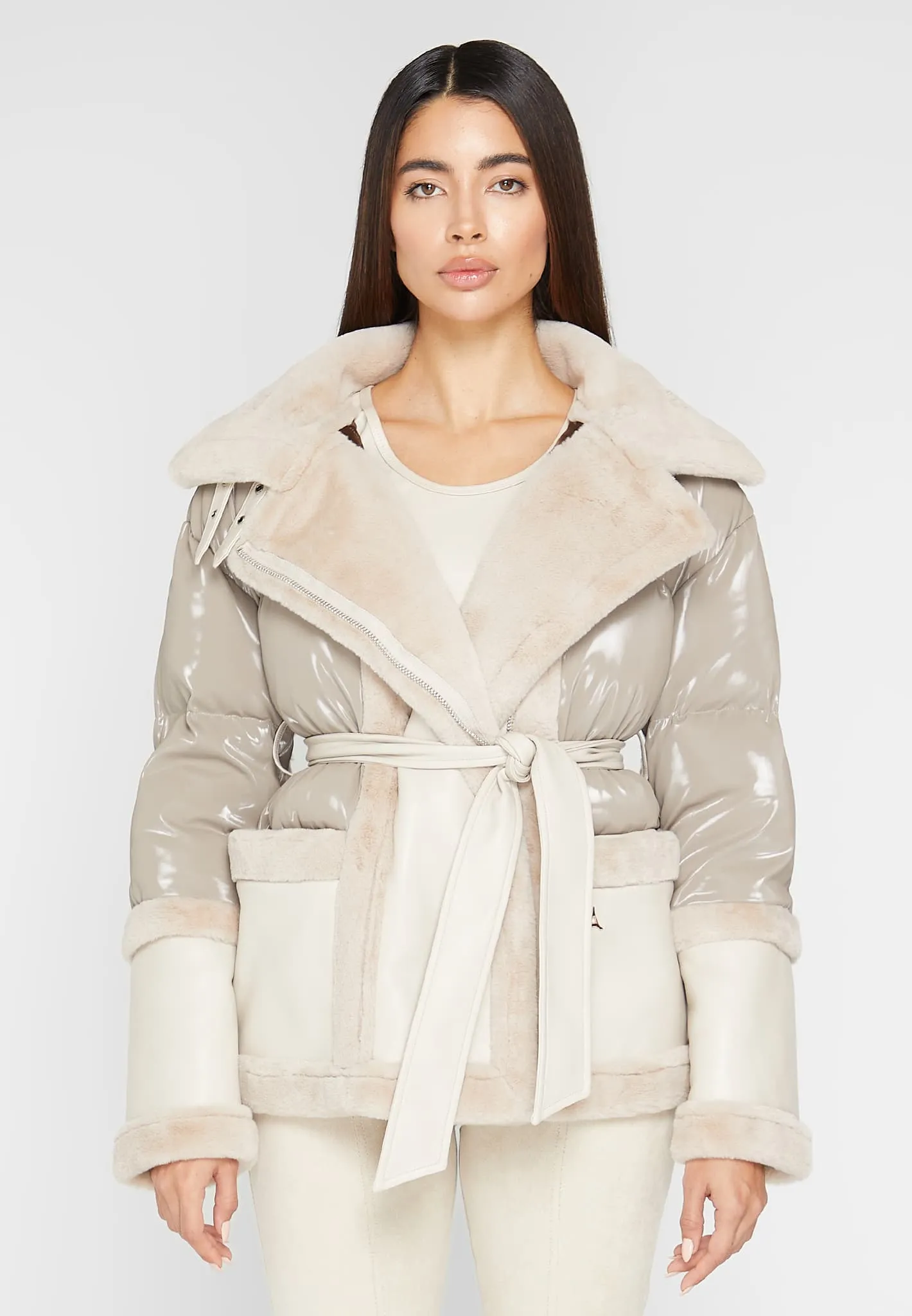 Leather and Plush Puffer Jacket with Belt - Beige sold by Maniere De Voir