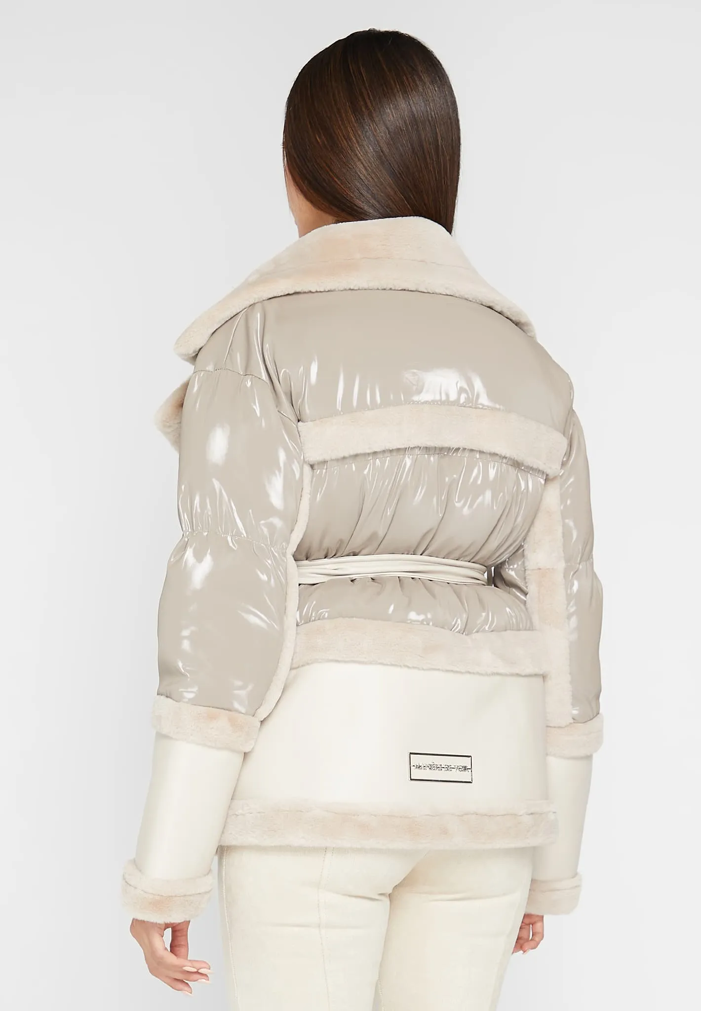 Leather and Plush Puffer Jacket with Belt - Beige sold by Maniere De Voir product image thumbnail 4