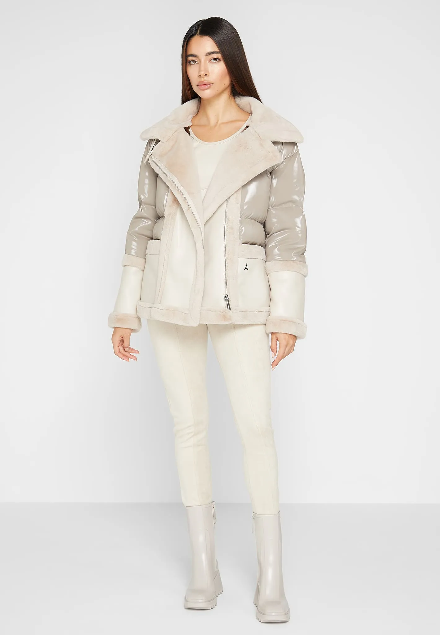 Leather and Plush Puffer Jacket with Belt - Beige sold by Maniere De Voir product image thumbnail 2