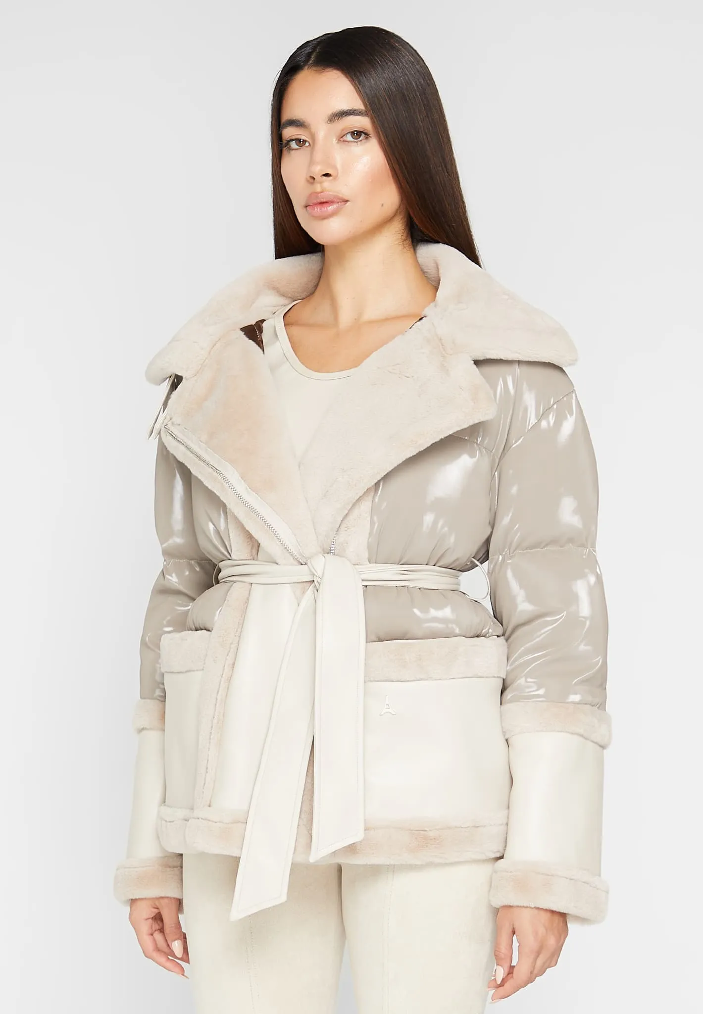 Leather and Plush Puffer Jacket with Belt - Beige sold by Maniere De Voir product image thumbnail 3