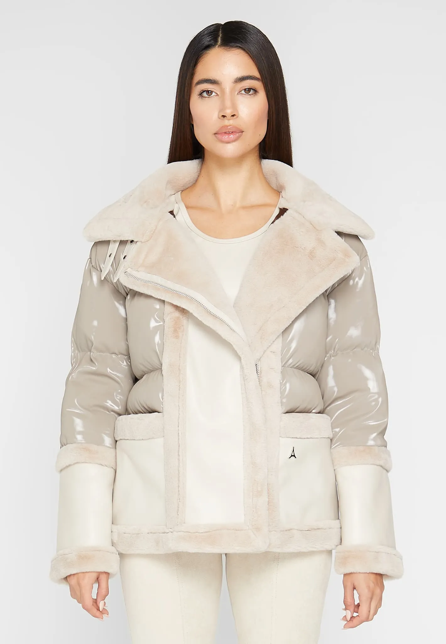 Leather and Plush Puffer Jacket with Belt - Beige sold by Maniere De Voir product image thumbnail 5