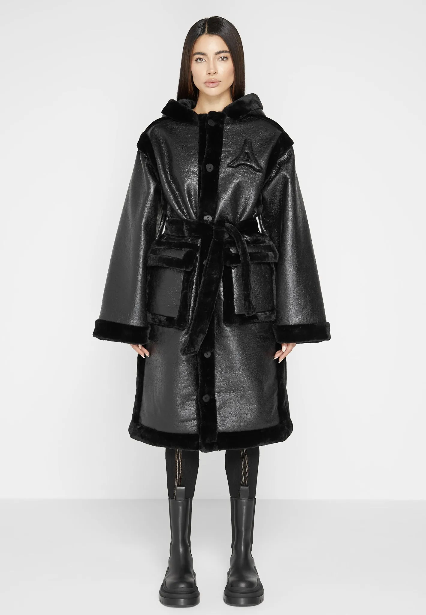 Cracked Leather and Plush Coat - Black sold by Maniere De Voir