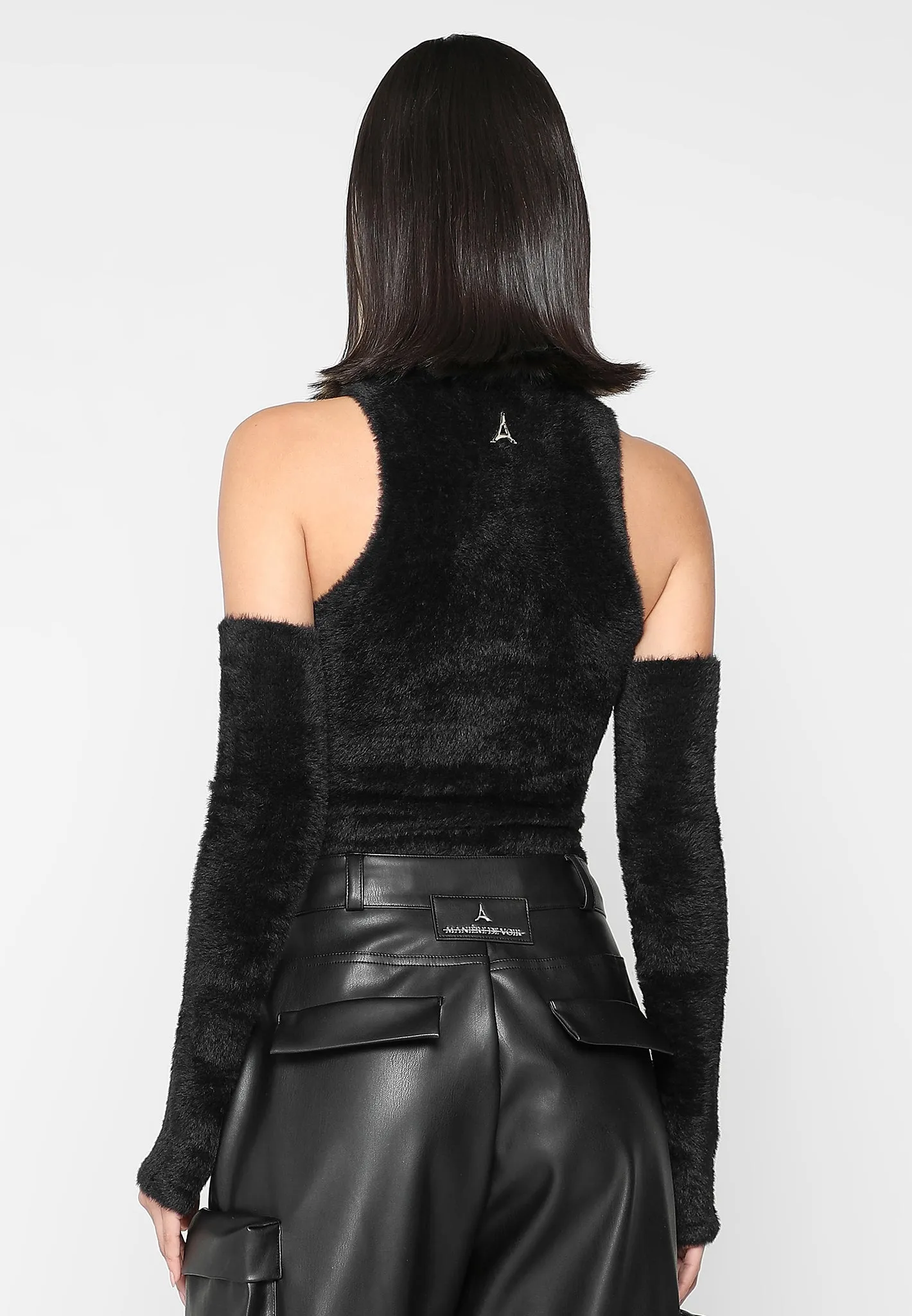 Fuzzy High Neck Bodysuit with Sleeves - Black sold by Maniere De Voir product image thumbnail 4