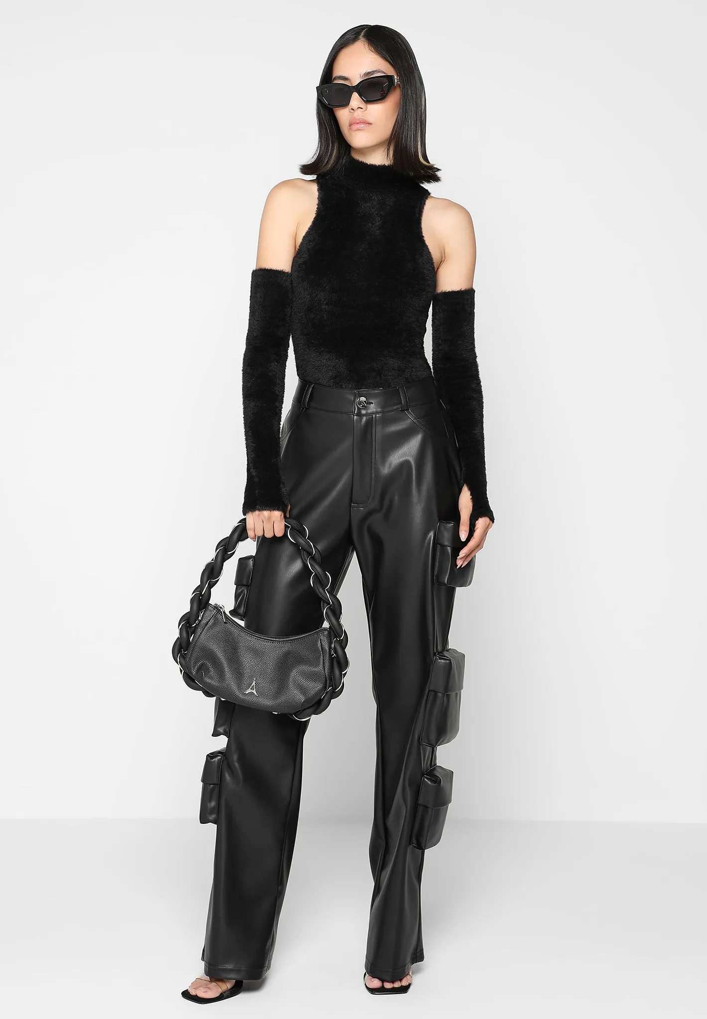 Fuzzy High Neck Bodysuit with Sleeves - Black sold by Maniere De Voir product image thumbnail 2