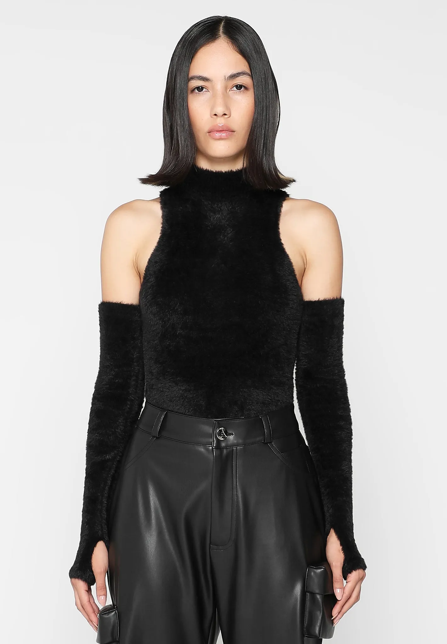 Fuzzy High Neck Bodysuit with Sleeves - Black sold by Maniere De Voir