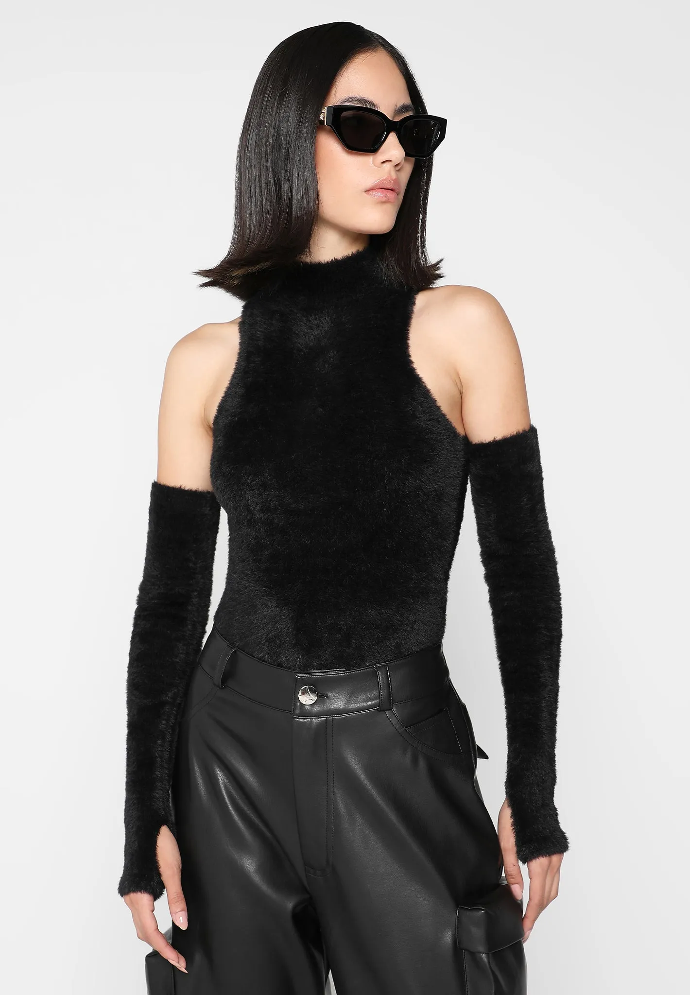 Fuzzy High Neck Bodysuit with Sleeves - Black sold by Maniere De Voir product image thumbnail 5