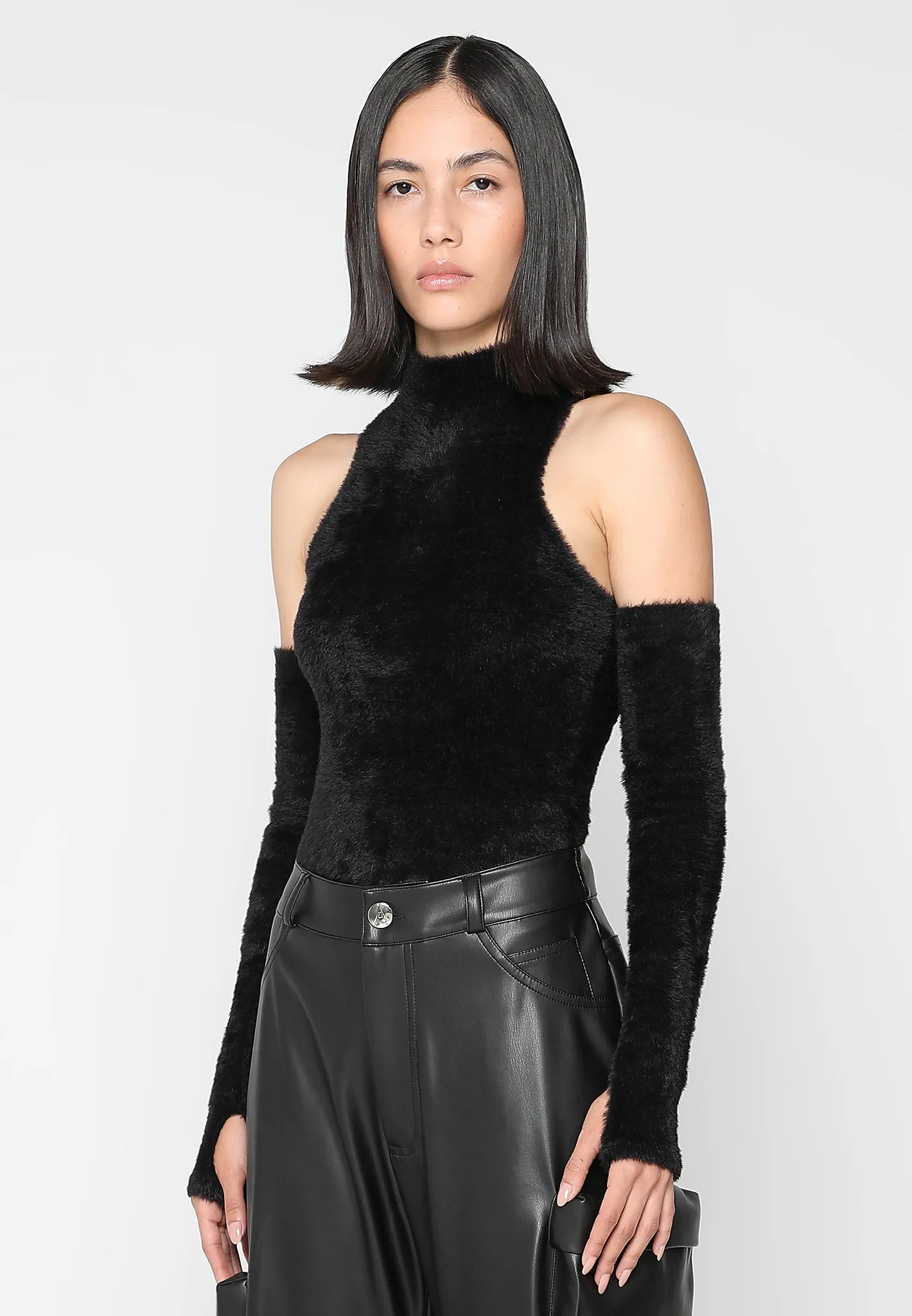 Fuzzy High Neck Bodysuit with Sleeves - Black sold by Maniere De Voir product image thumbnail 3