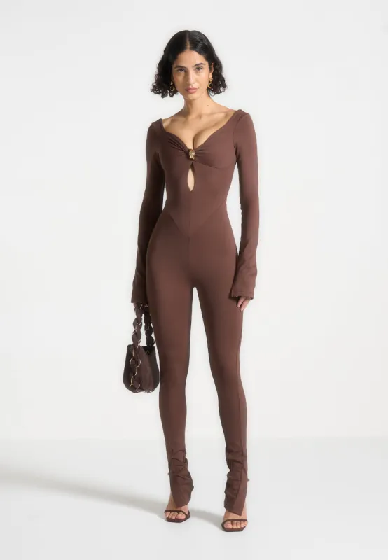 Twisted Bust Off Shoulder Jumpsuit - Brown sold by Maniere De Voir