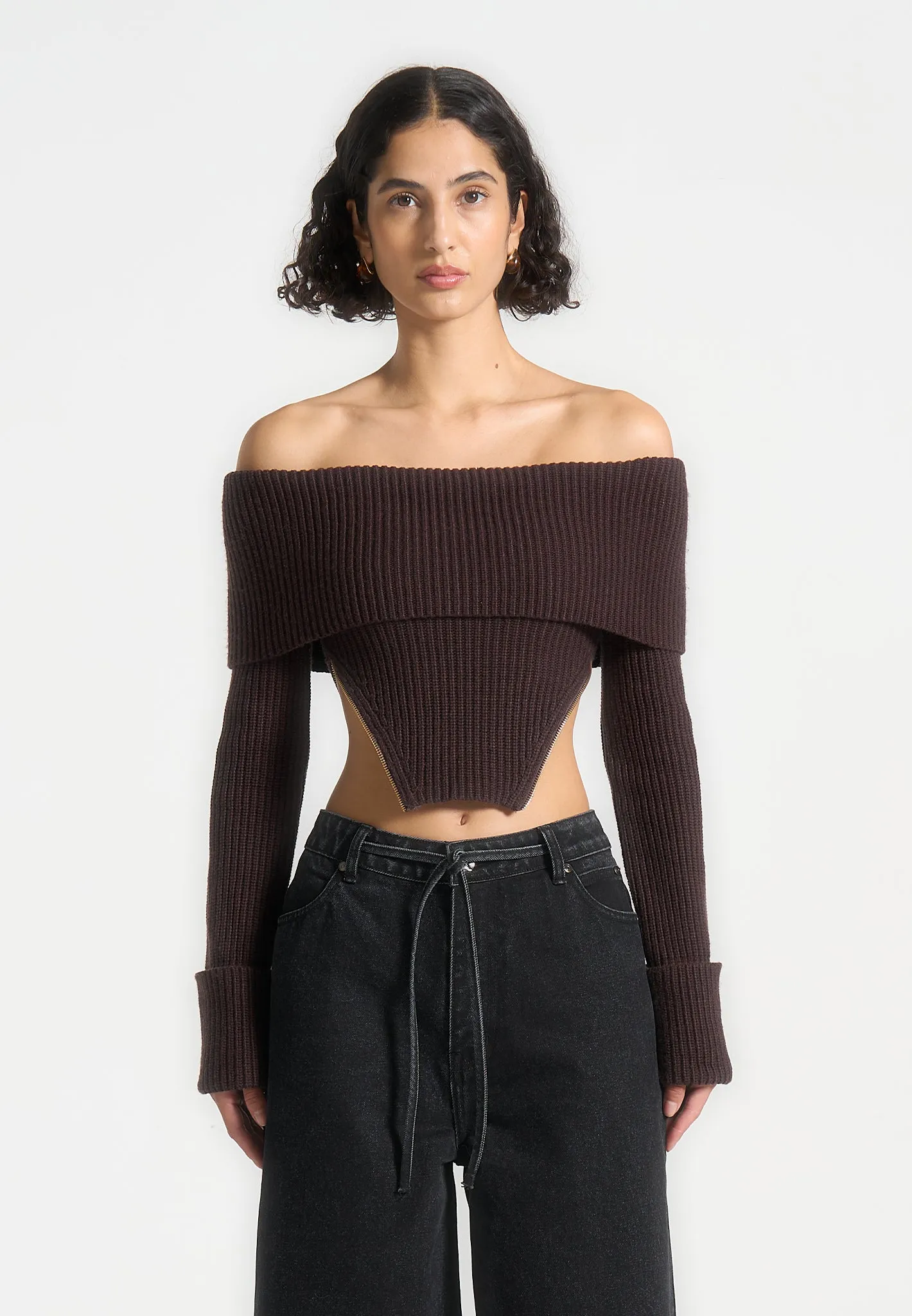 Zip Detail Knit Bandeau Top - Brown sold by Maniere De Voir product image thumbnail 4