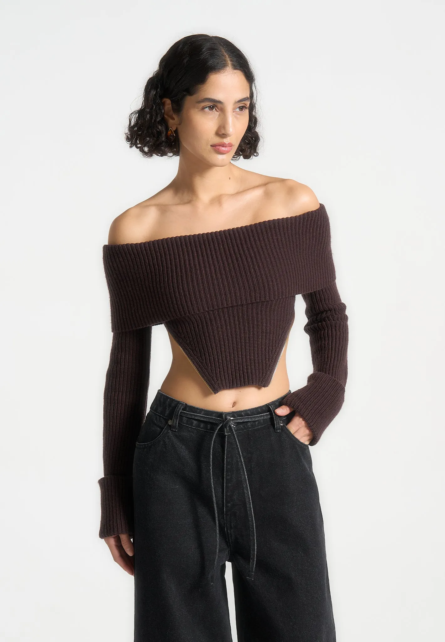 Zip Detail Knit Bandeau Top - Brown sold by Maniere De Voir product image thumbnail 2