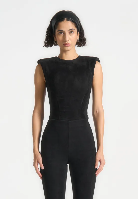 Wide Shoulder Suede Bodysuit - Black sold by Maniere De Voir
