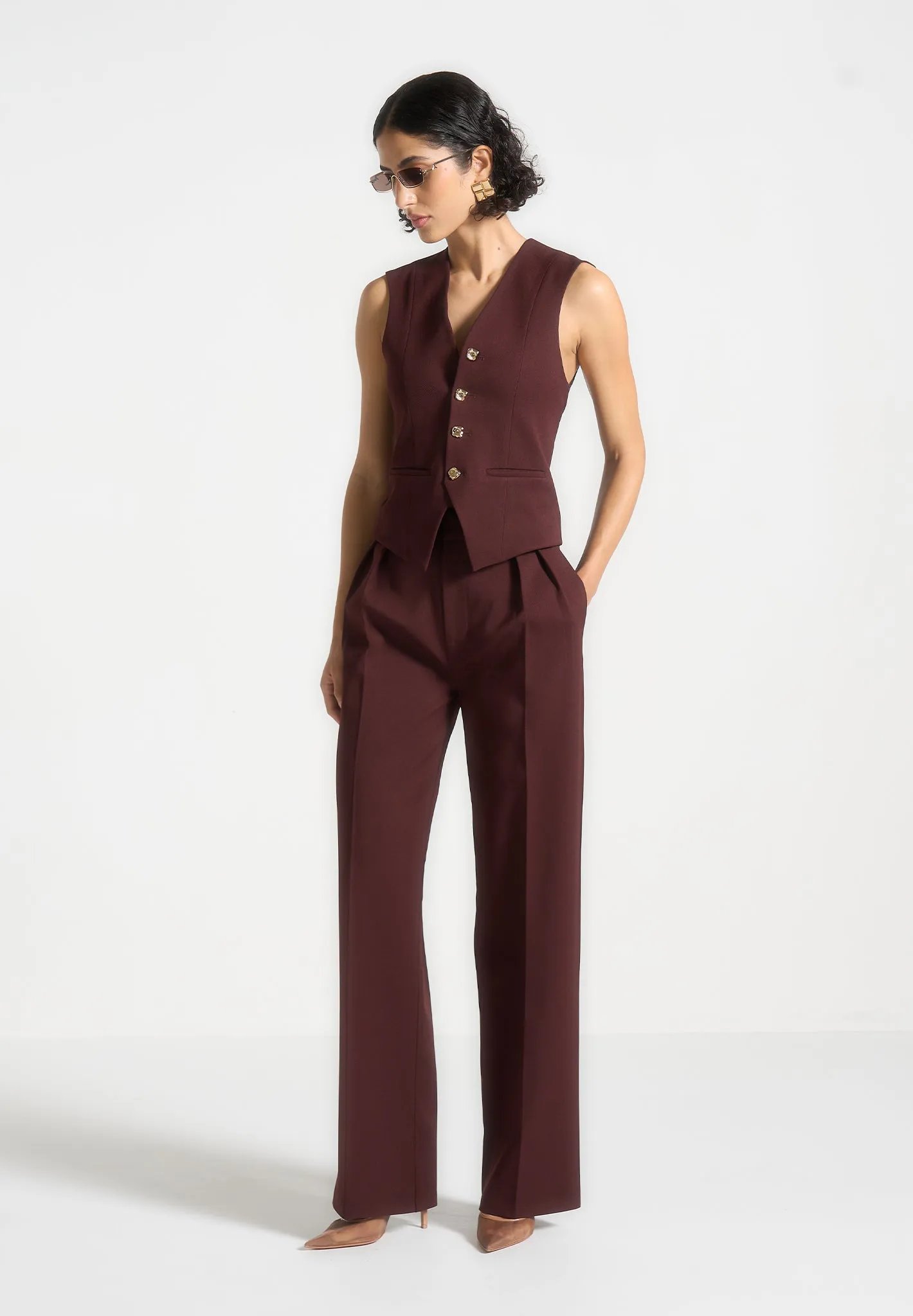 Julie - Tailored Twin Pleat Trousers - Wine Red sold by Maniere De Voir