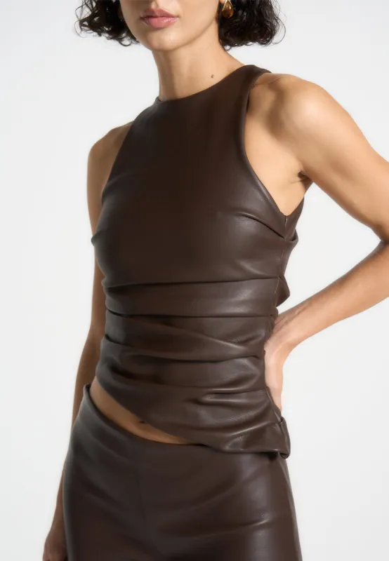 Yolande - Leather Asymmetric Tacked Racer Top - Brown sold by Maniere De Voir