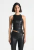 Yolande - Leather Asymmetric Tacked Racer Top - Black sold by Maniere De Voir