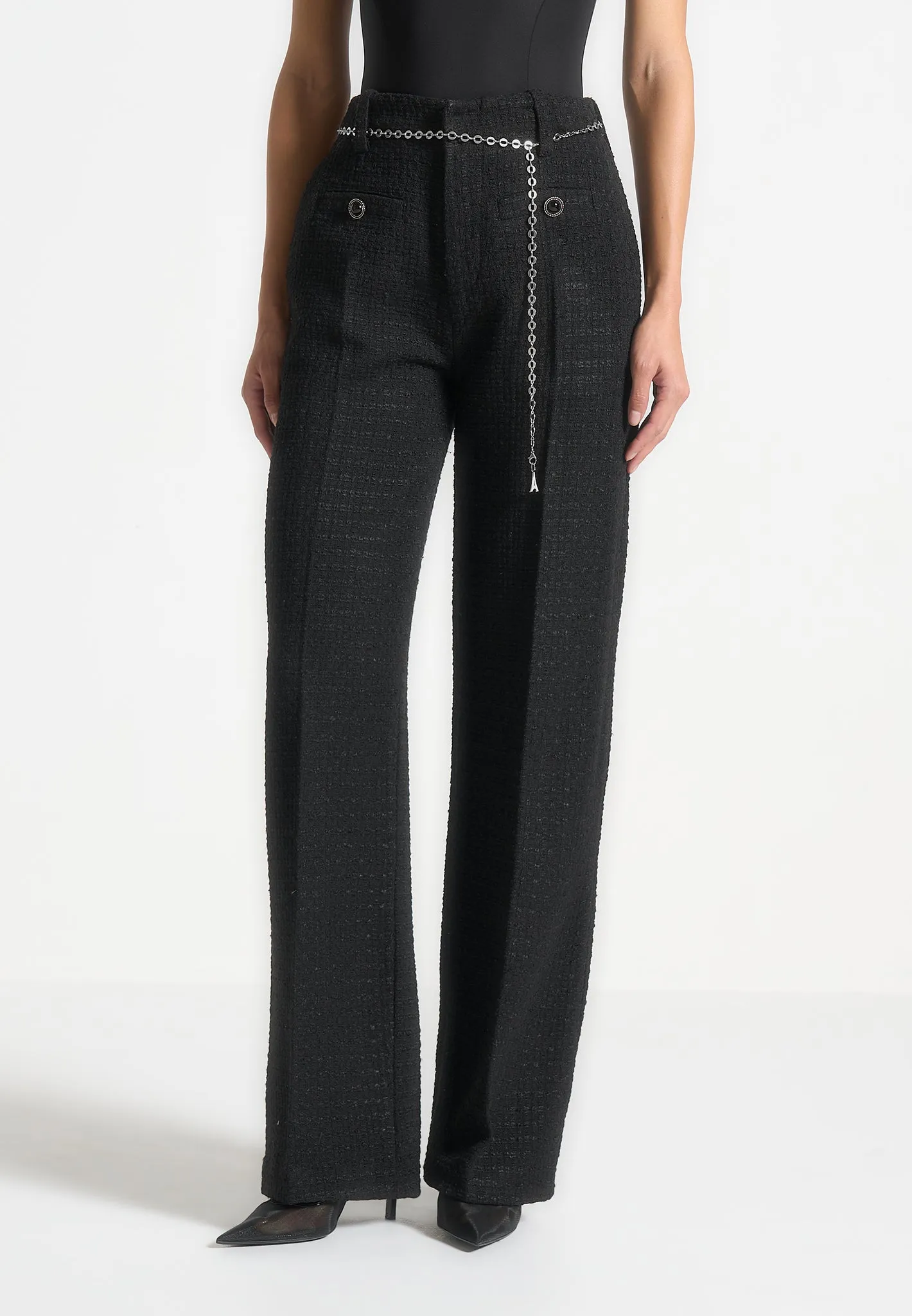 Nathalie - Tweed Trousers with Belt - Black sold by Maniere De Voir