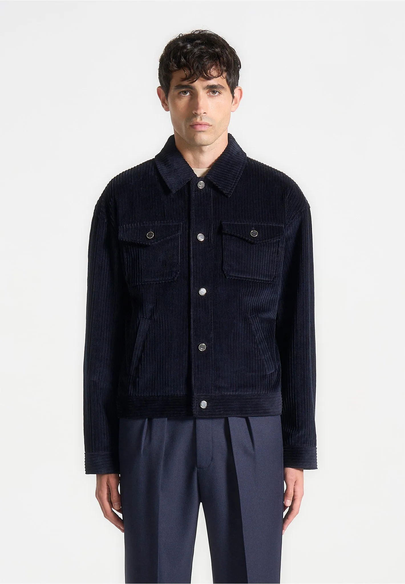 Corduroy Trucker Jacket - Navy sold by Maniere De Voir