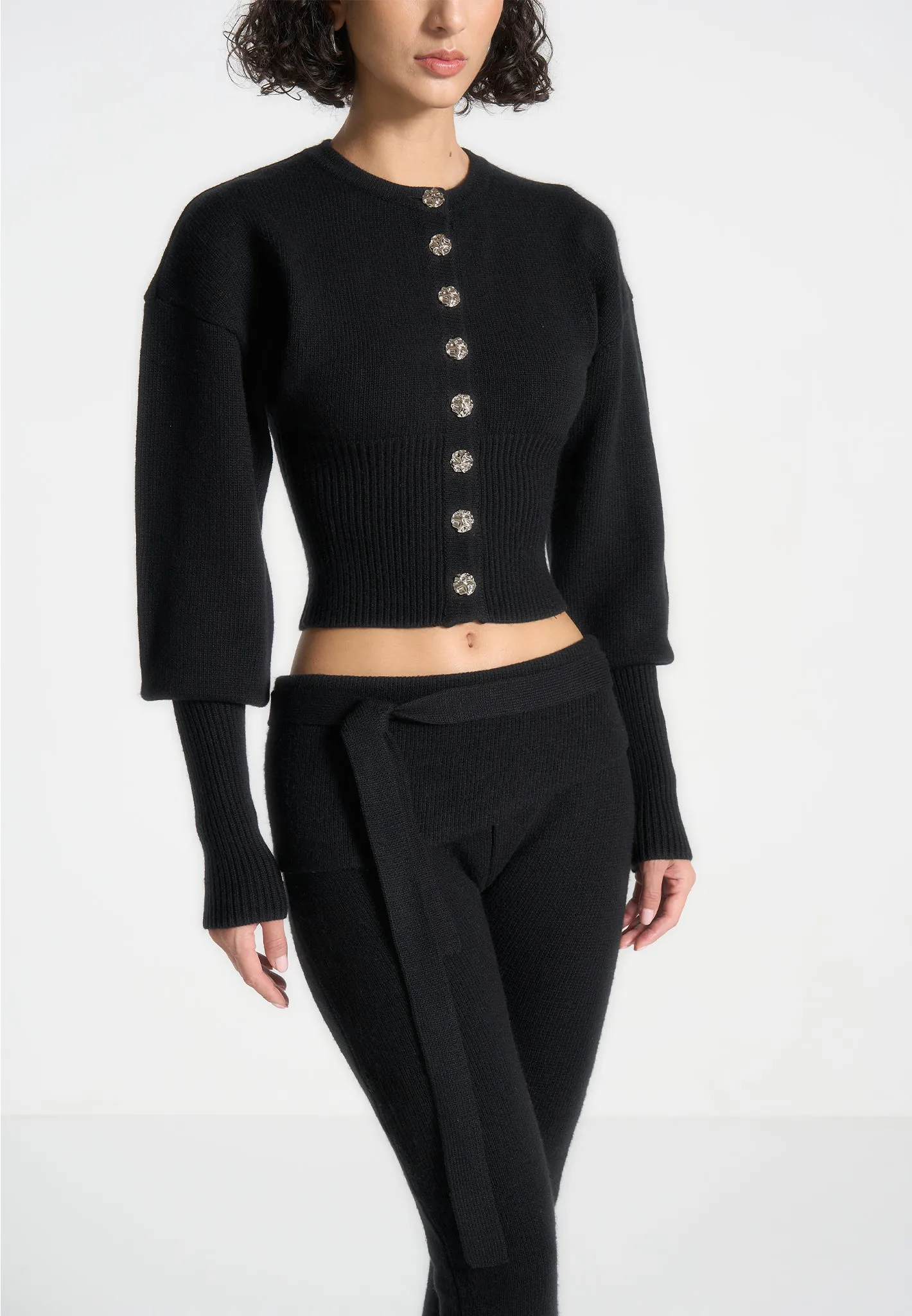 Knitted Cinch Waist Cardigan - Black sold by Maniere De Voir product image thumbnail 3