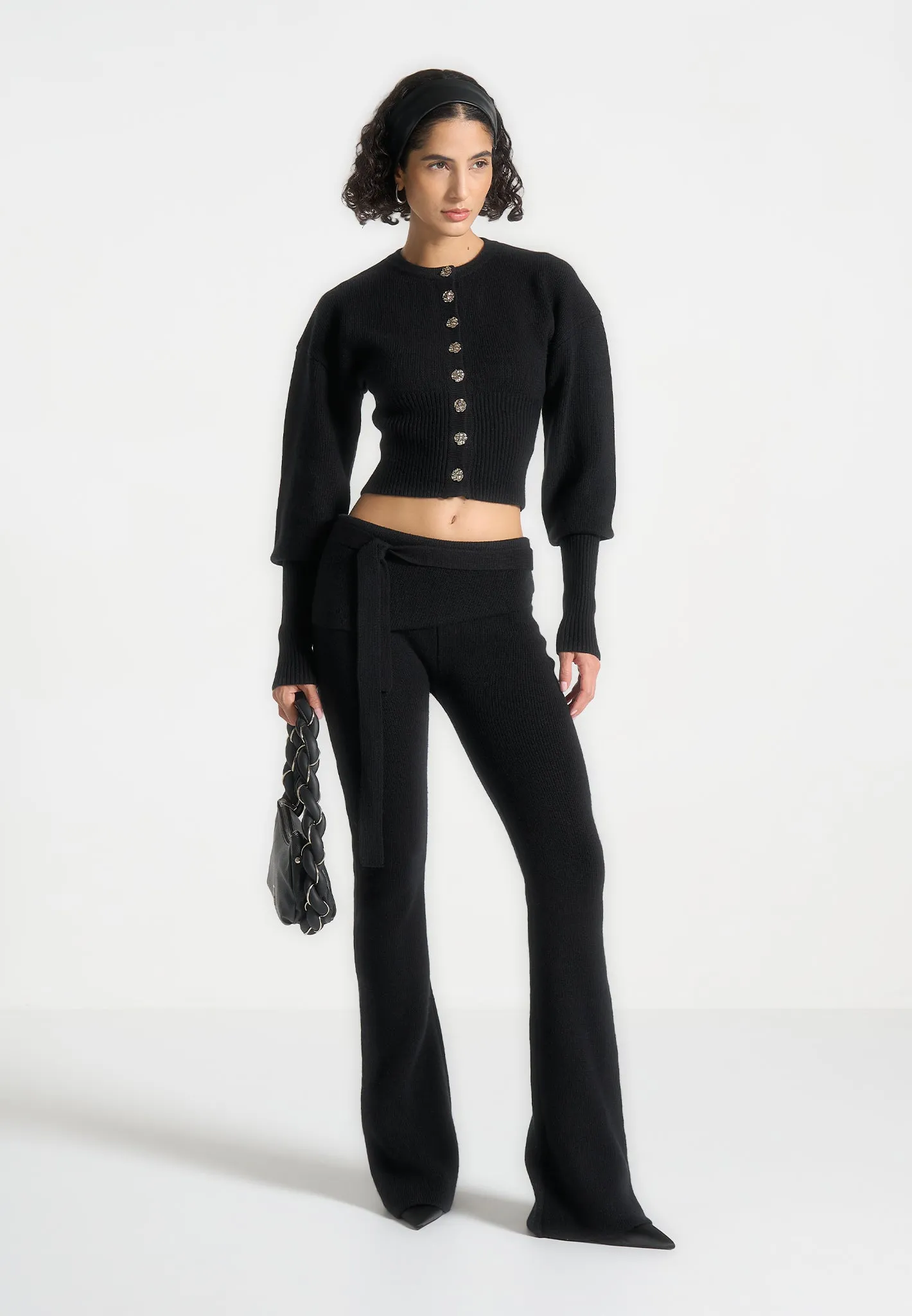 Knitted Cinch Waist Cardigan - Black sold by Maniere De Voir product image thumbnail 2