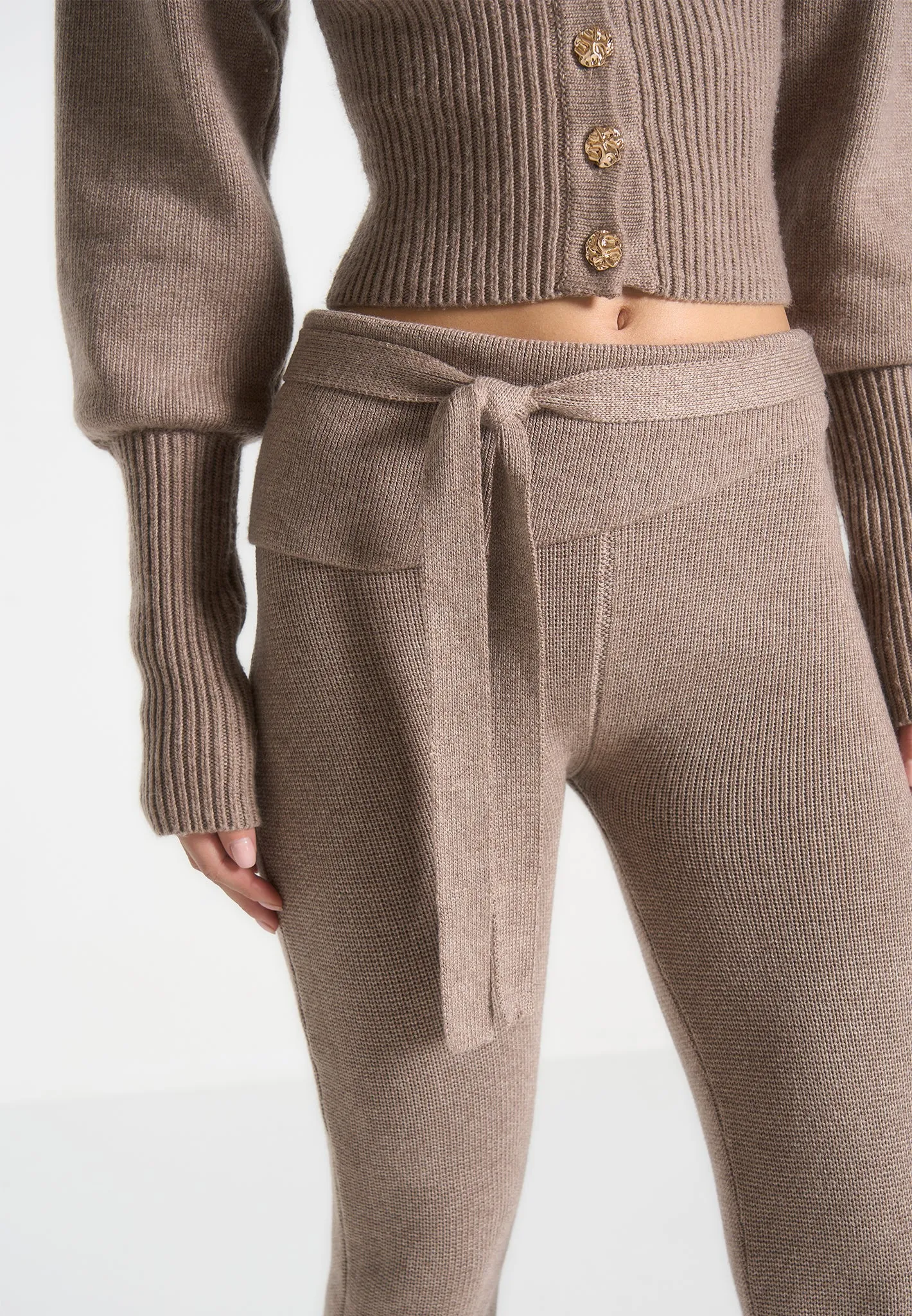 Knitted Fit & Flare Leggings with Belt - Taupe sold by Maniere De Voir product image thumbnail 3