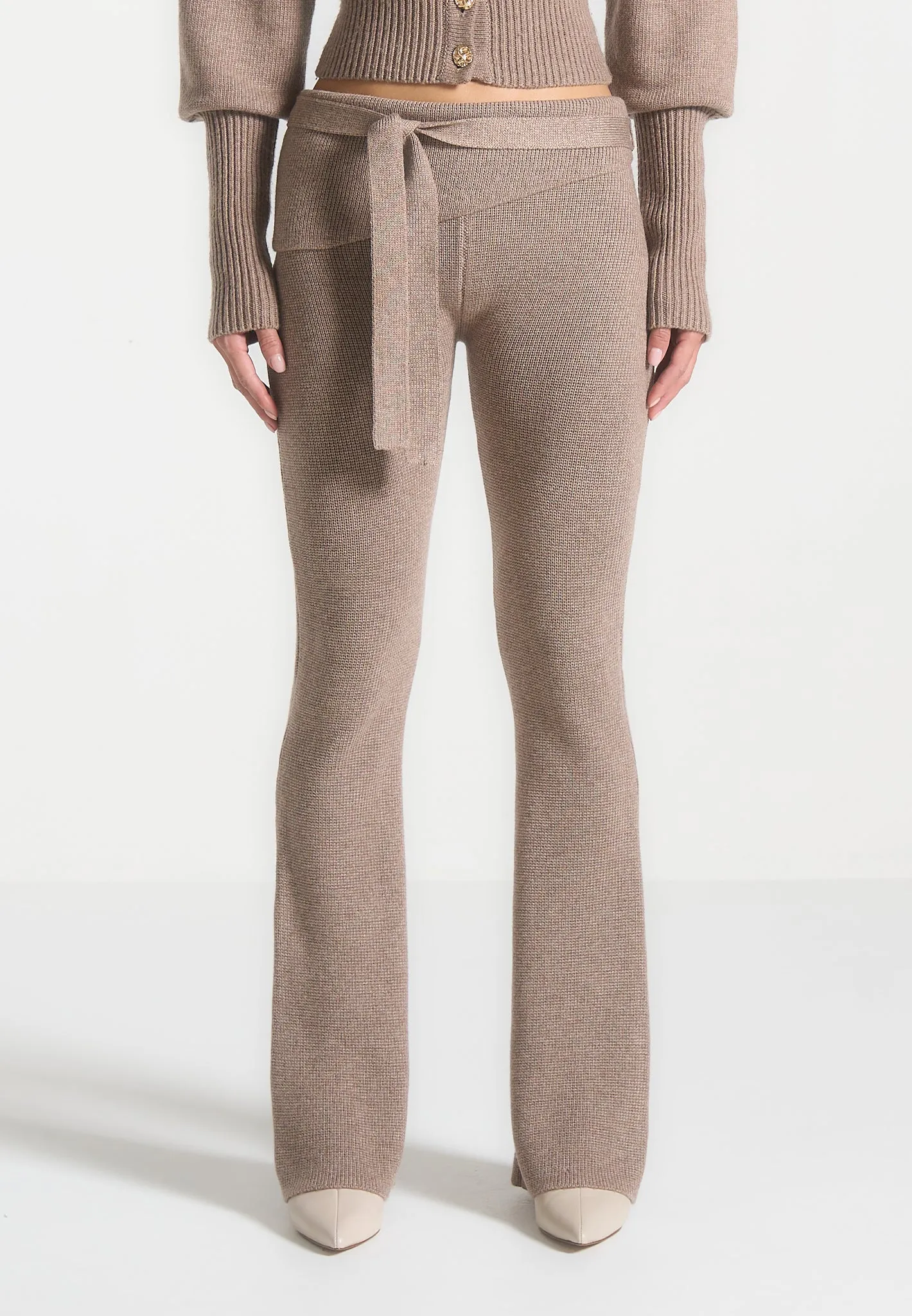 Knitted Fit & Flare Leggings with Belt - Taupe sold by Maniere De Voir product image thumbnail 4