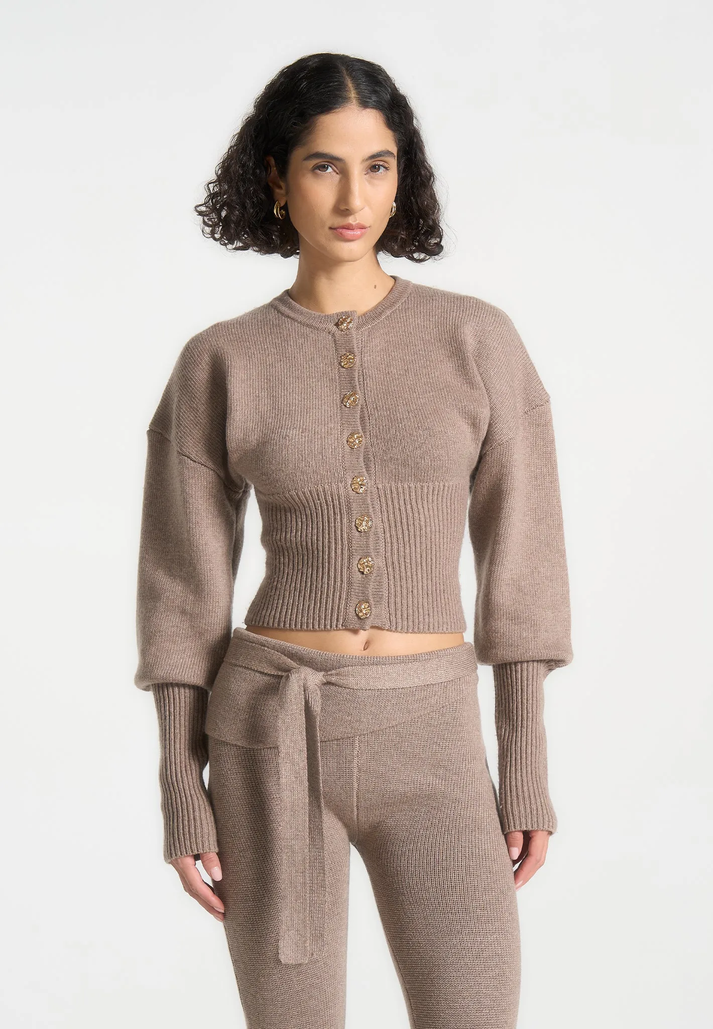 Knitted Cinch Waist Cardigan - Taupe sold by Maniere De Voir