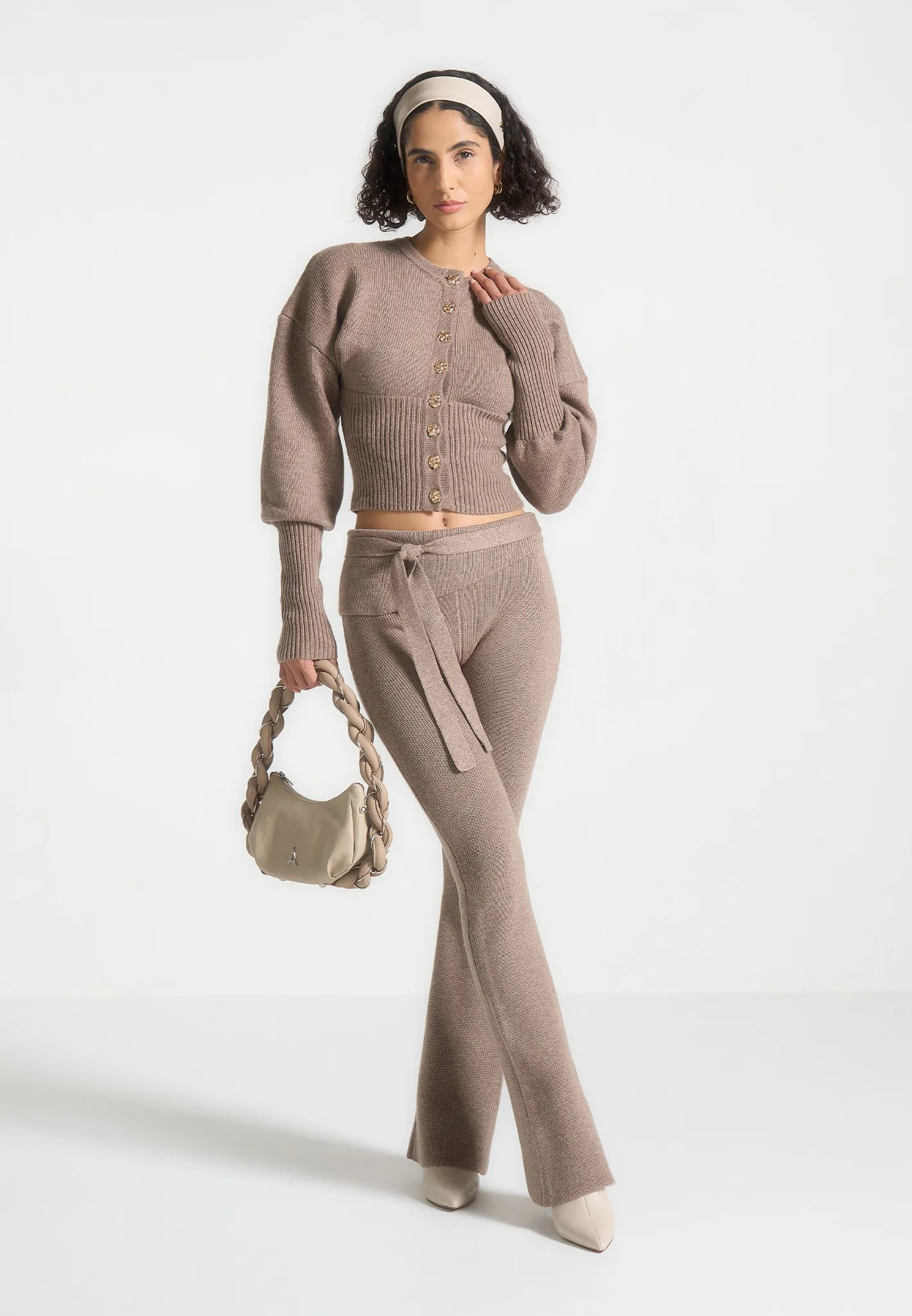 Knitted Cinch Waist Cardigan - Taupe sold by Maniere De Voir product image thumbnail 2