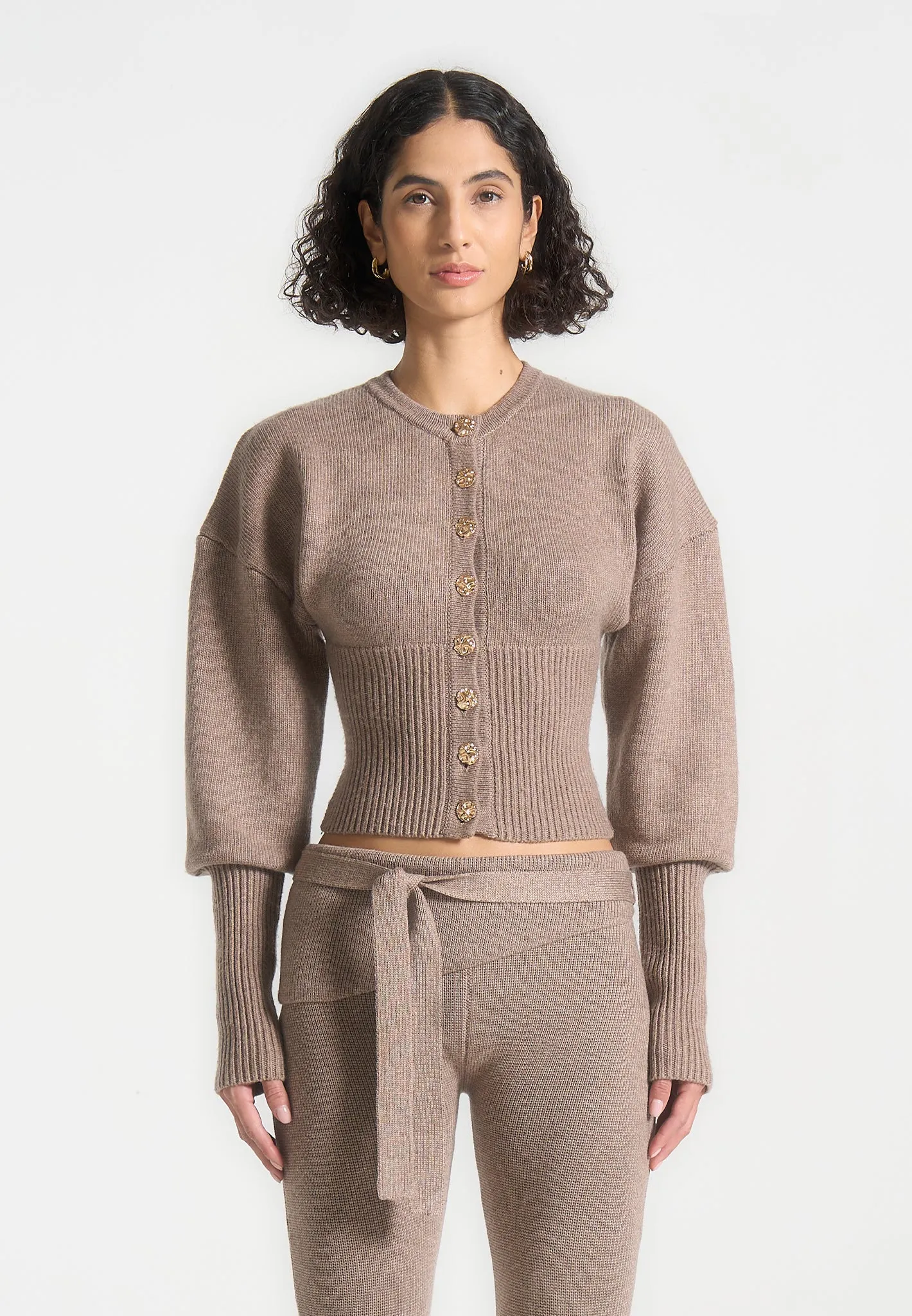 Knitted Cinch Waist Cardigan - Taupe sold by Maniere De Voir product image thumbnail 3