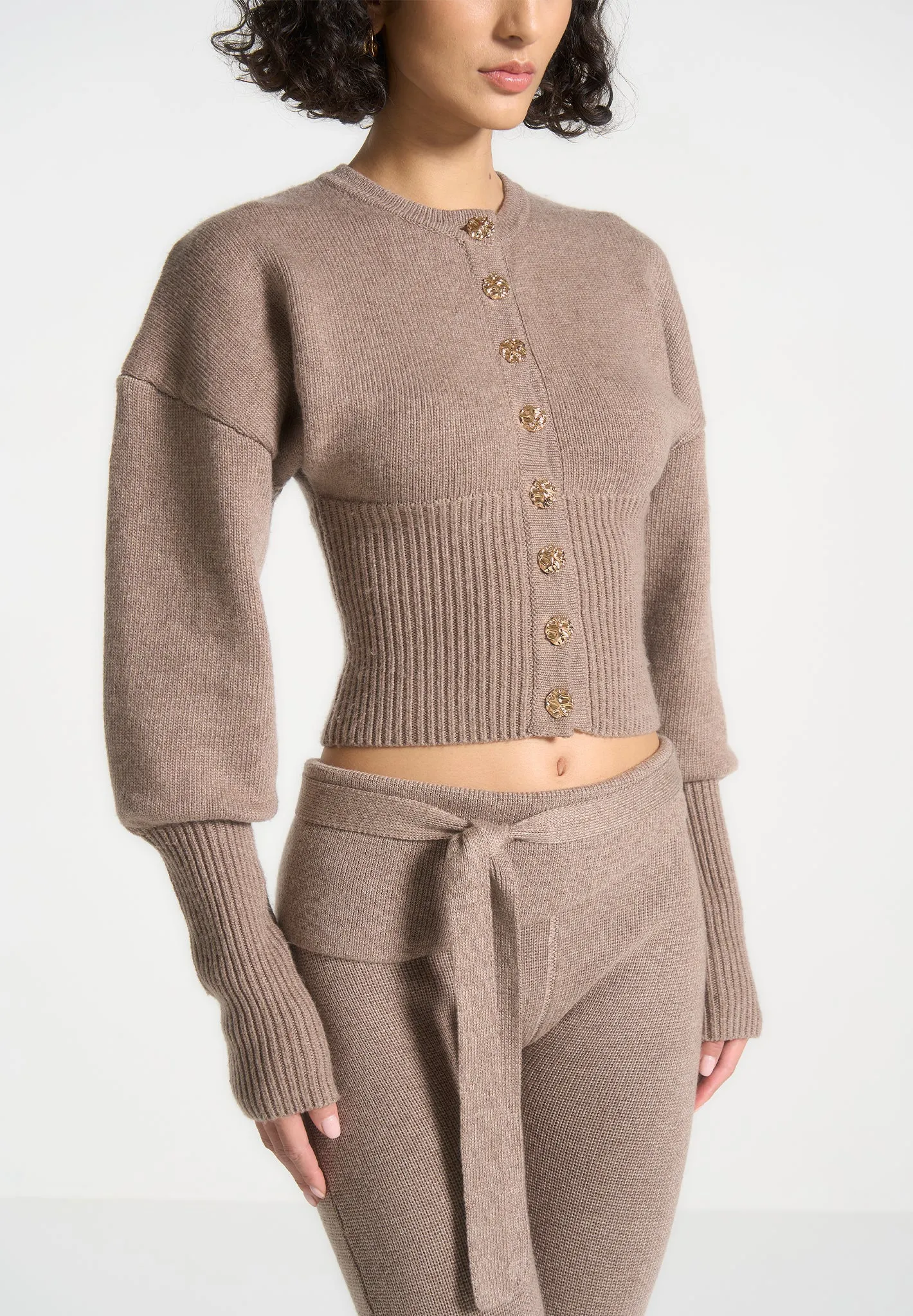 Knitted Cinch Waist Cardigan - Taupe sold by Maniere De Voir product image thumbnail 4