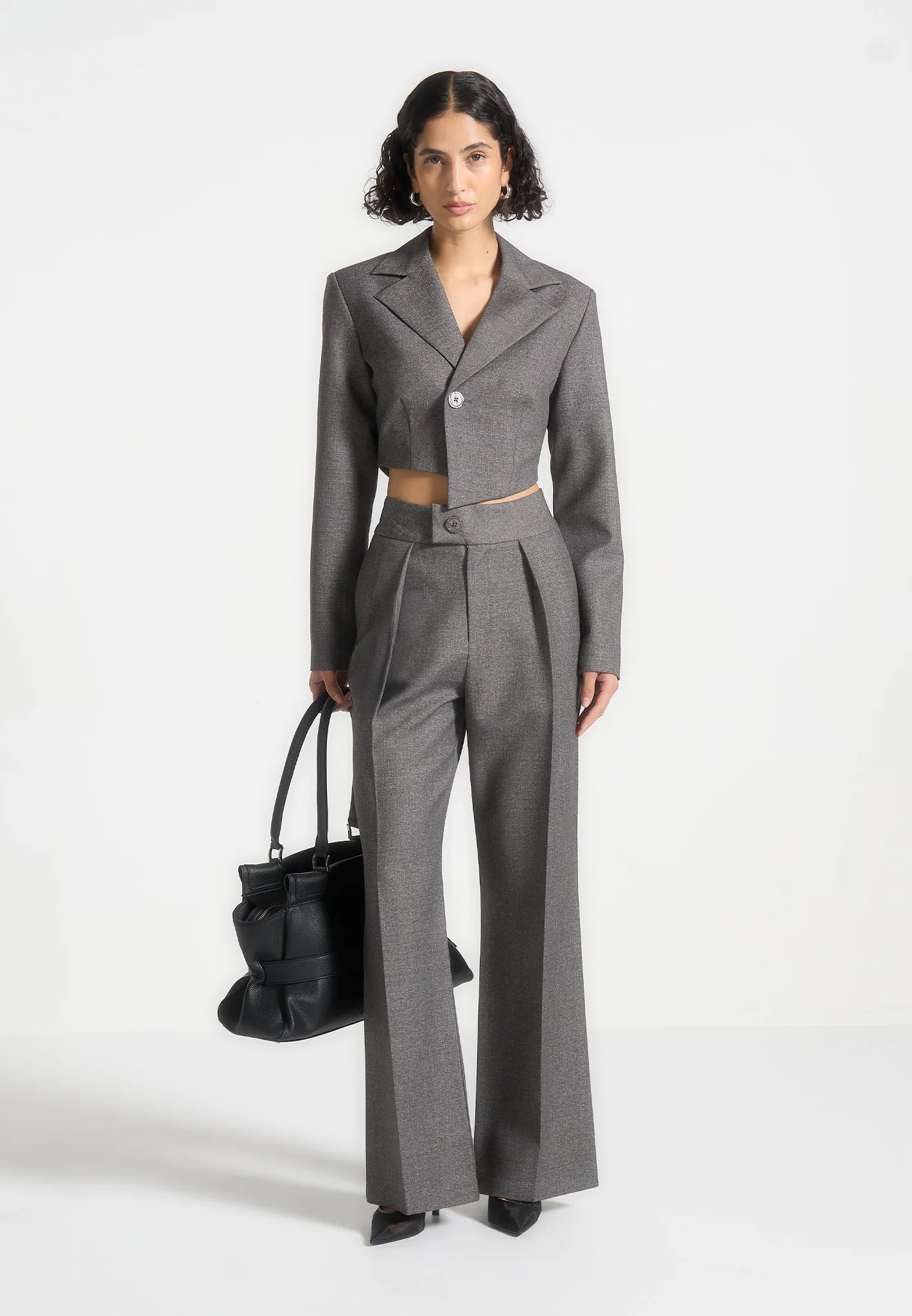 Dina - Asymmetric Tailored Cropped Blazer - Grey Marl sold by Maniere De Voir product image thumbnail 2