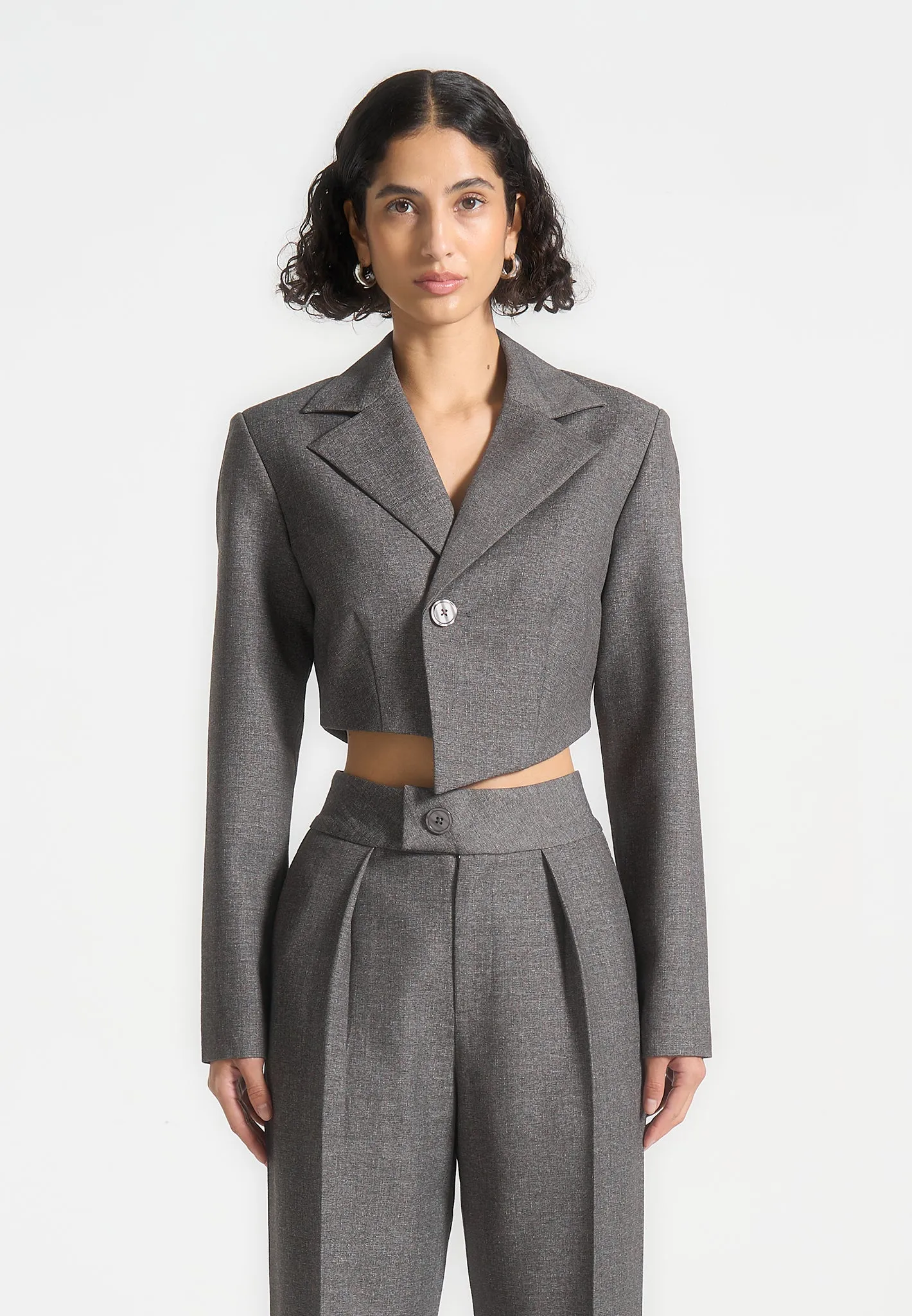 Dina - Asymmetric Tailored Cropped Blazer - Grey Marl sold by Maniere De Voir product image thumbnail 5