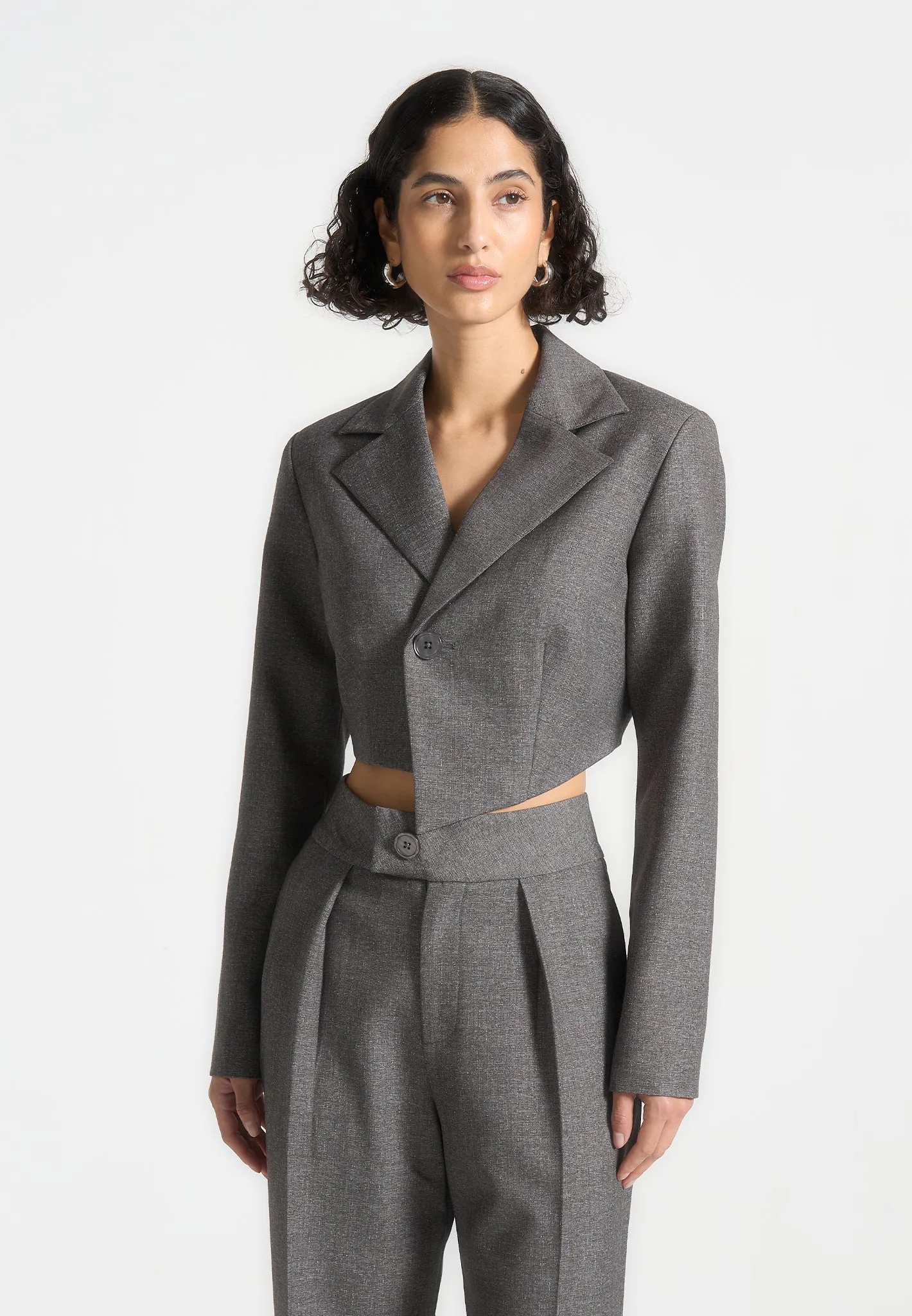 Dina - Asymmetric Tailored Cropped Blazer - Grey Marl sold by Maniere De Voir