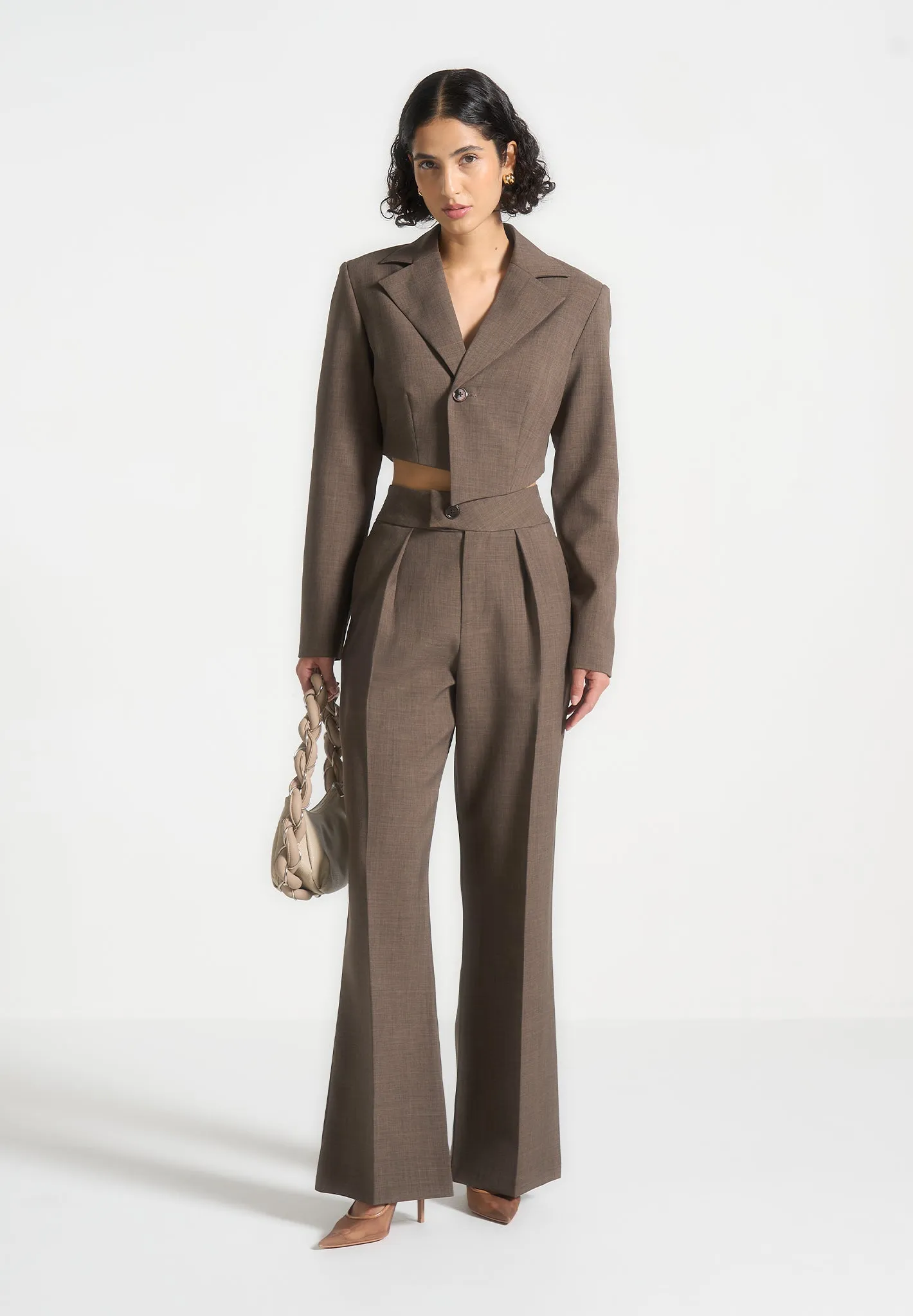 Dina - Asymmetric Tailored Cropped Blazer - Dark Taupe sold by Maniere De Voir product image thumbnail 2