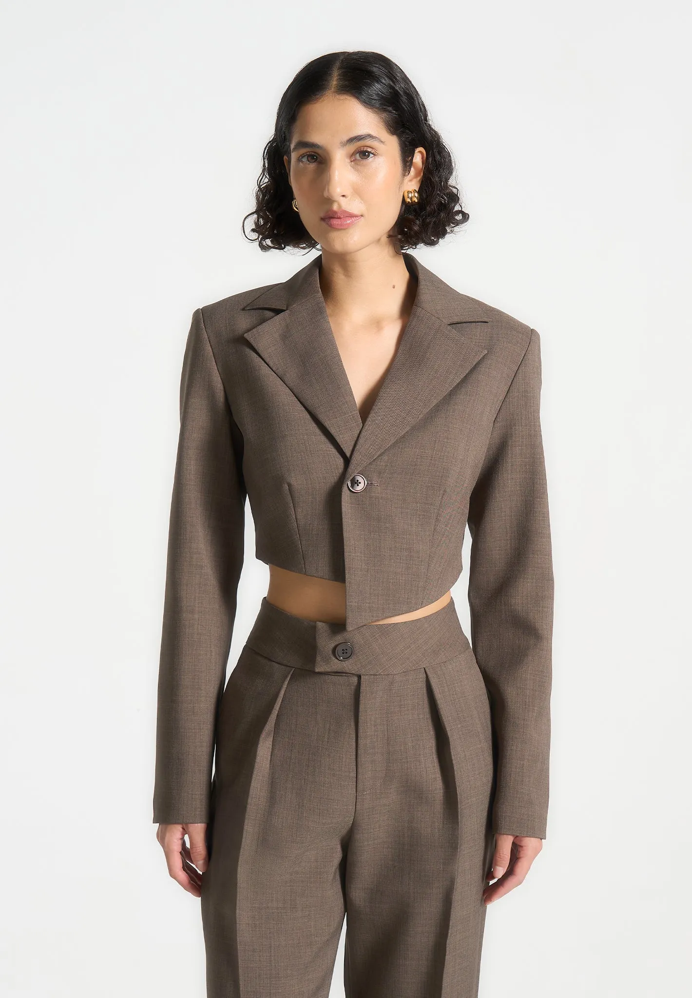 Dina - Asymmetric Tailored Cropped Blazer - Dark Taupe sold by Maniere De Voir