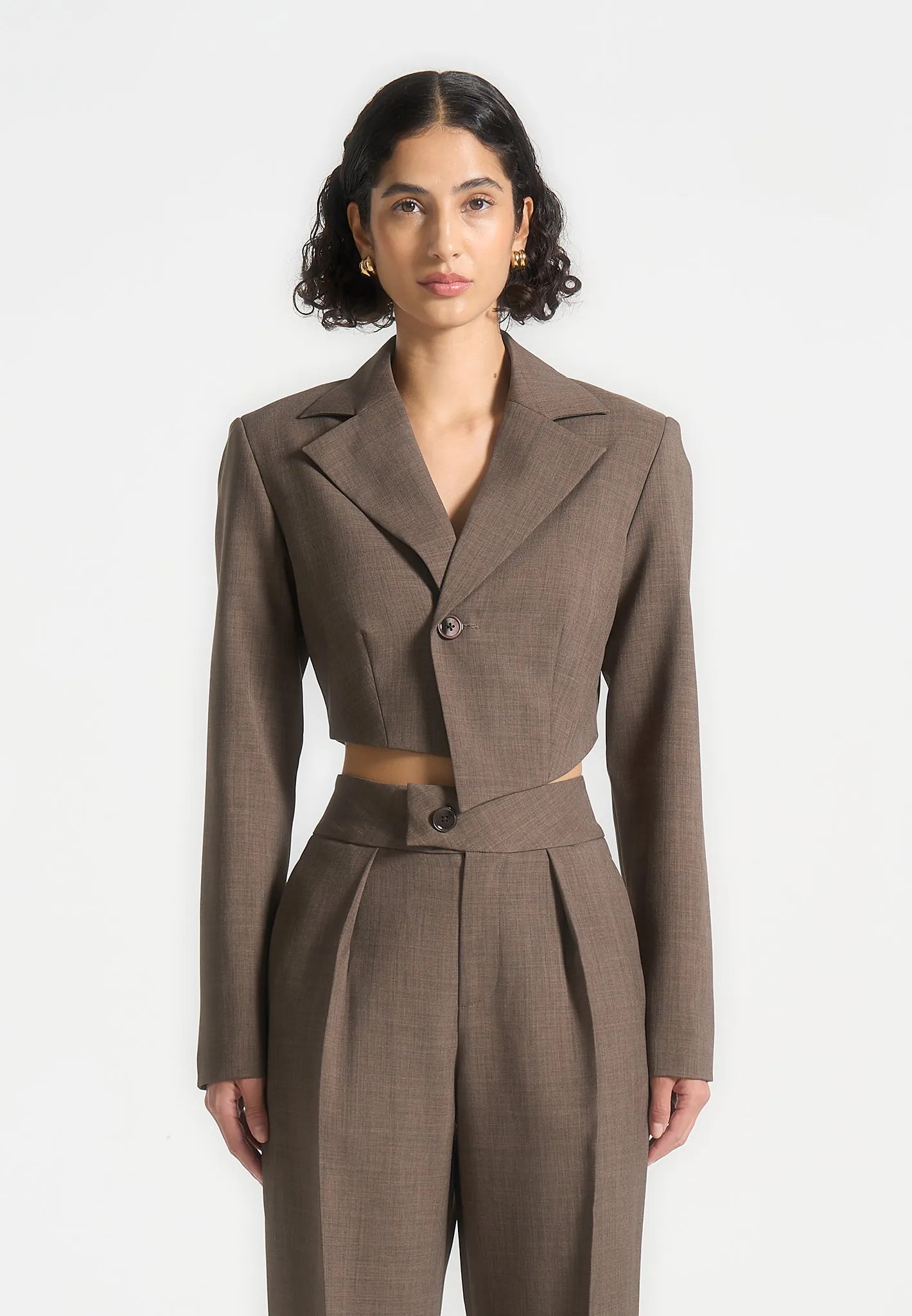 Dina - Asymmetric Tailored Cropped Blazer - Dark Taupe sold by Maniere De Voir product image thumbnail 4