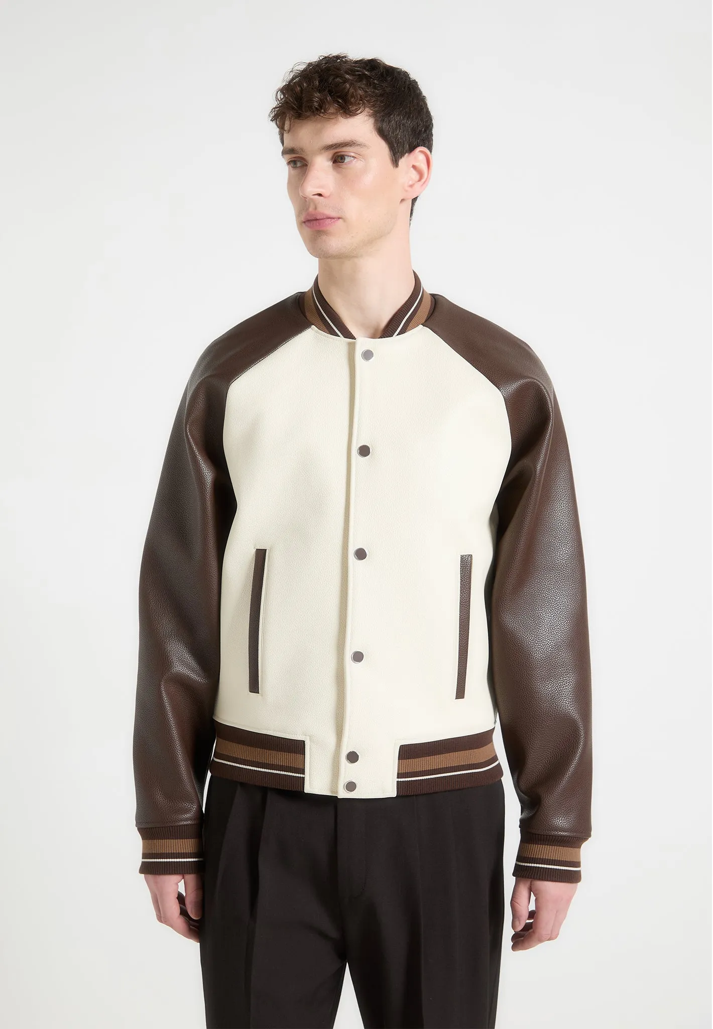 Guy - Contrast Leather Bomber Jacket - Cream/Brown sold by Maniere De Voir product image thumbnail 3
